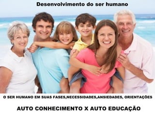 O SER HUMANO EM SUAS FASES,NECESSIDADES,ANSIEDADES, ORIENTAÇÕES
AUTO CONHECIMENTO X AUTO EDUCAÇÃO
Desenvolvimento do ser humano
 
