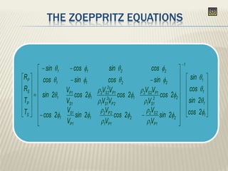 THE ZOEPPRITZ EQUATIONS















































1
1
1
1
1
2
1P1
2S2
2
1P1
2P2
1
1P
1S
1
22
1S1
1P2S2
1
2P
2
1S1
1P
2
2S2
1
1S
1P
1
2211
2211
S
P
S
P
2cos
2sin
cos
sin
2sin
V
V
2cos
V
V
2sin
V
V
2cos
2cos
V
VV
2cos
VV
VV
2cos
V
V
2sin
sincossincos
cossincossin
T
T
R
R




















 