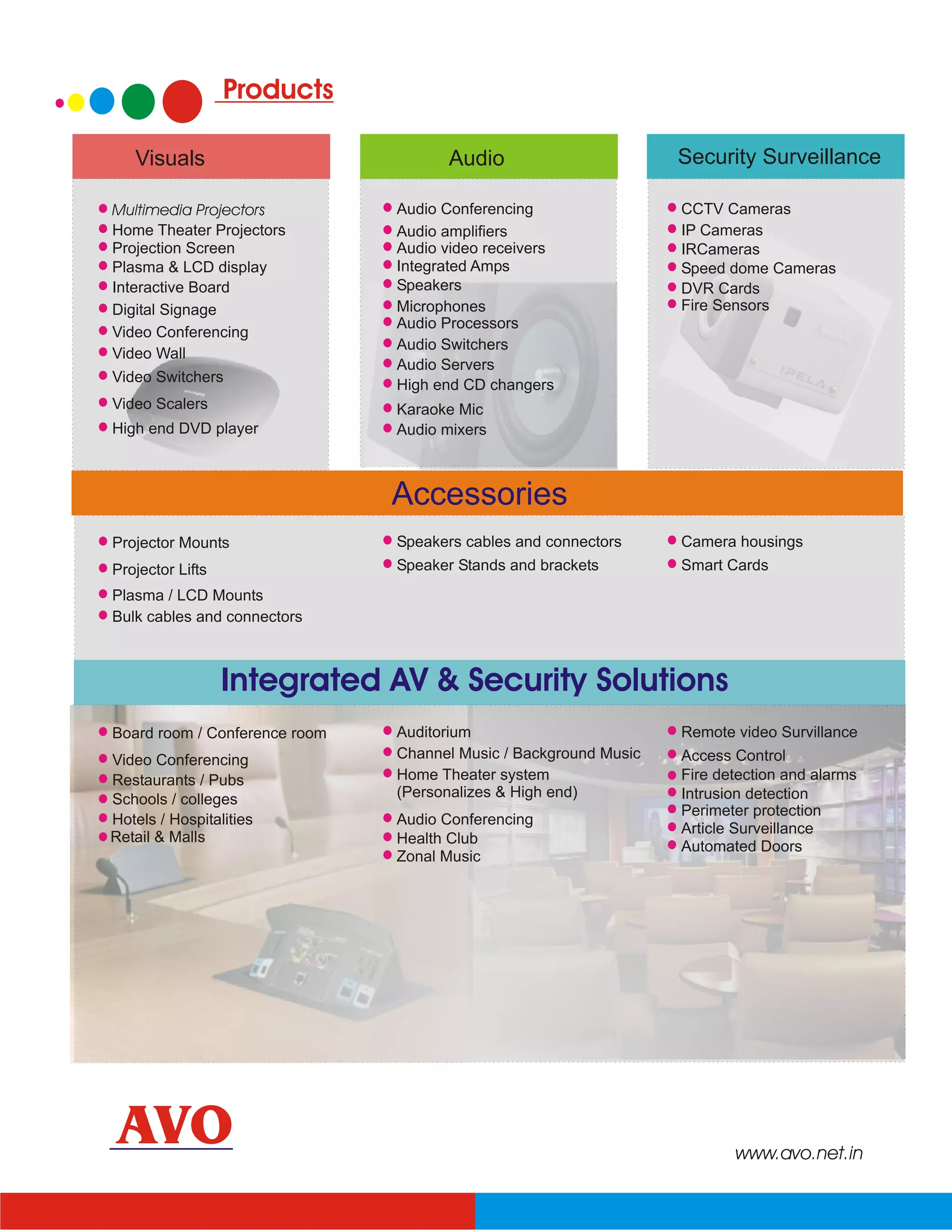 Products

   Visuals                           Audio                        Security Surveillance

Multimedia Projectors          Audio Conferencing                 CCTV Cameras
Home Theater Projectors        Audio amplifiers                   IP Cameras
Projection Screen              Audio video receivers              IRCameras
Plasma & LCD display           Integrated Amps                    Speed dome Cameras
Interactive Board              Speakers                           DVR Cards
Digital Signage                Microphones                        Fire Sensors
                               Audio Processors
Video Conferencing
                               Audio Switchers
Video Wall
                               Audio Servers
Video Switchers
                               High end CD changers
Video Scalers                  Karaoke Mic
High end DVD player            Audio mixers



                               Accessories
Projector Mounts               Speakers cables and connectors     Camera housings
Projector Lifts                Speaker Stands and brackets        Smart Cards
Plasma / LCD Mounts
Bulk cables and connectors



                  Integrated AV & Security Solutions
Board room / Conference room   Auditorium                         Remote video Survillance
Video Conferencing             Channel Music / Background Music   Access Control
Restaurants / Pubs             Home Theater system                Fire detection and alarms
Schools / colleges             (Personalizes & High end)          Intrusion detection
                                                                  Perimeter protection
Hotels / Hospitalities         Audio Conferencing
                                                                  Article Surveillance
Retail & Malls                 Health Club
                                                                  Automated Doors
                               Zonal Music




 AVO                                                                     www.avo.net.in
 