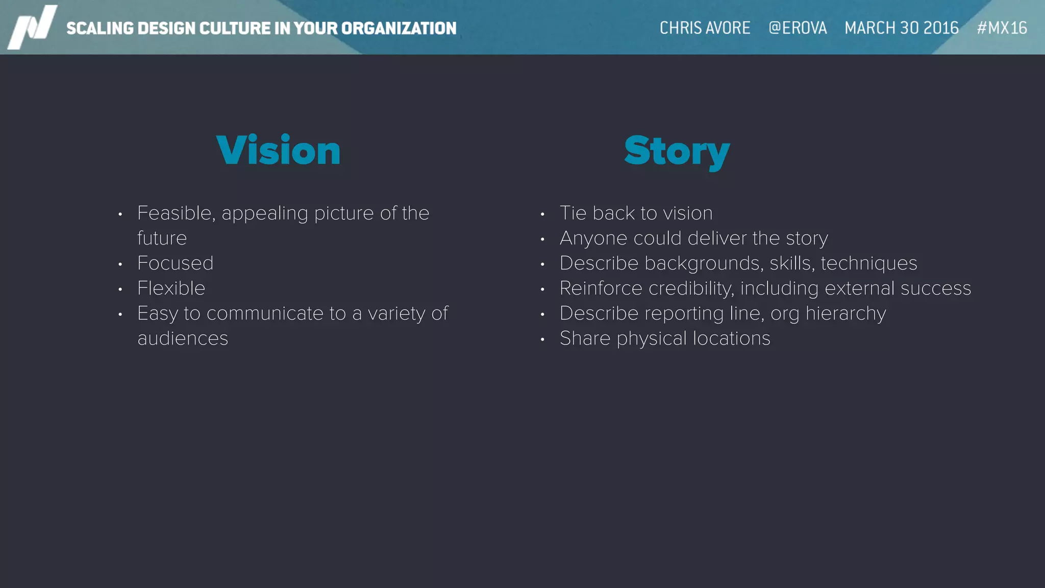 • Feasible, appealing picture of the
future
• Focused
• Flexible
• Easy to communicate to a variety of
audiences
• Tie back to vision
• Anyone could deliver the story
• Describe backgrounds, skills, techniques
• Reinforce credibility, including external success
• Describe reporting line, org hierarchy
• Share physical locations
Vision Story
 