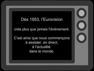 Dès 1953, l’Eurovision
crée plus que jamais l’événement.
C’est ainsi que nous commençons
à assister, en direct,
à l’actualité
dans le monde.

 