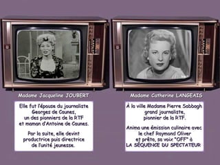 Madame Jacqueline JOUBERT

Madame Catherine LANGEAIS

Elle fut l’épouse du journaliste
Georges de Caunes,
un des pionniers de la RTF
et maman d’Antoine de Caunes.

À la ville Madame Pierre Sabbagh
grand journaliste,
pionnier de la RTF.

Par la suite, elle devint
productrice puis directrice
de l’unité jeunesse.

Anima une émission culinaire avec
le chef Raymond Oliver
et prêta, sa voix "OFF" à
LA SÉQUENCE DU SPECTATEUR

 