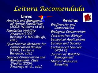 Referencias
Boyce, MS. 1992. Population viability analysis. Annual Review of
   Ecology and Systematics. 23:481-506.
Denni...