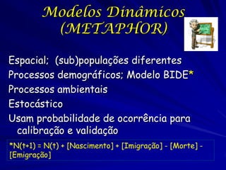 Modelos Dinâmicos
          (METAPHOR)

Espacial; (sub)populações diferentes
Processos demográficos; Modelo BIDE*
Processos ambientais
Estocástico
Usam probabilidade de ocorrência para
  calibração e validação
*N(t+1) = N(t) + [Nascimento] + [Imigração] - [Morte] -
[Emigração]
 