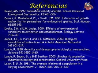 Referencias
Boyce, MS. 1992. Population viability analysis. Annual Review of
   Ecology and Systematics. 23:481-506.
Dennis, B. Munholland, PL, e Scott, JM. 1991. Estimation of growth
   and extinction parameters for endangered species. Ecol. Monogr.
   61:115-143.
Drake, J.M. e D.M. Lodge. 2004. Effects of environmental
   variability on extinction and establishment. Ecology Letters
   7:26-30.
Jones, K.E., A. Purvis, and J.L. Gittleman. 2003. Biological
   correlates of extinction risk in bats. American Naturalist
   161:601-614.
Lande, R. 1988. Genetics and demography in biological conservation.
   Science 241:1455-1460.
Lande, R. Engen, S., e B-E Sæther. 2003. Stochastic population
   dynamics in ecology and conservation. Oxford University Press.
Leigh, E. G. Jr. 1981. The average lifetime of a population in a
   varying environment. J. Theor. Biol. 90:213-239.
 