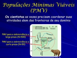 Populações Mínimas Viáveis
          (PMV)
  Os cientistas as vezes precisam coordenar suas
   atividades alem das fronteiras de seu domínio



PMV para a sobrevivência a
  largo prazo (N=500)

PMV para a sobrevivência a
   curto prazo (N=50)
 
