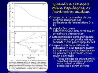 Quando a Extinção
 retira Populações, os
 Parâmetros mudam
O tempo de retorno antes de que
   ocorrem mudanças nos
   parâmetros determinísticos (r e
   K)
As populações com a
   estocasticidade ambiental são as
   primeiras a desaparecer
A estocasticidade demográfica não
   correlaciona com perdas até que
   somente ficam poucas populações
Os aspectos determinísticos da
   população (r e K) também mudam
   e ficam mais correlacionadas com
   os parâmetros estocásticos ao
   andar a extinção
   – Taxas elevadas de crescimento e
     tamanhos populacionais grandes
     caracterizam as últimas
     populações a serem extintas
 