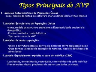 Tipos Principais de AVP
1. Modelos Determinísticos de Populações Únicas
    como, modelo de matriz de estrutura etária usando valores vitais médios


 2. Modelos Estocásticos de Populações Únicas
     •como, modelo de estrutura etária com a Estocasticidade ambiental e
     demográfica
     •Produz resultados probabilísticos
     •Tipo mais comum de AVP
 3. Modelos de Meta-populações

      •Inclui a estrutura espacial por via da dispersão entre populações locais
      •Duas formas: Modelos de ocupação de manchas, Modelos detalhados de
      vários locais
 4. Modelo Espacialmente explicito a base do indivíduo (IBM)

    •Localização, movimentação, reprodução, e mortalidade de cada indivíduo
    •Precisa muitos dados; problemas de testar com dados de campo
 
