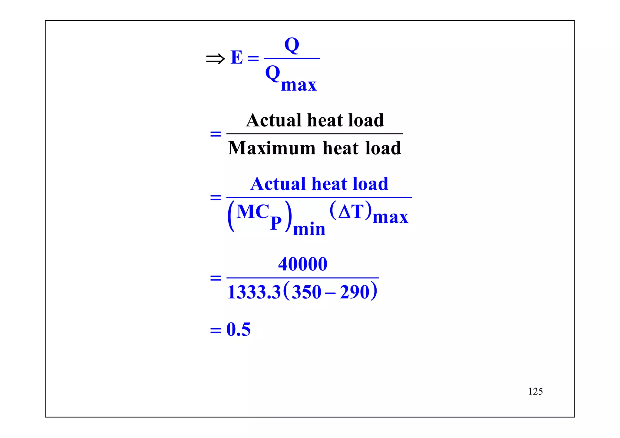125
( ) ( )
( )
Q
E
Q
max
Actual heat lo
Actual heat
ad
MC T maxP m
load
Maximum he
in
40000
1333.
at load
3 350 290
0.5
=
=
=
Δ
−
=
⇒
=
 
