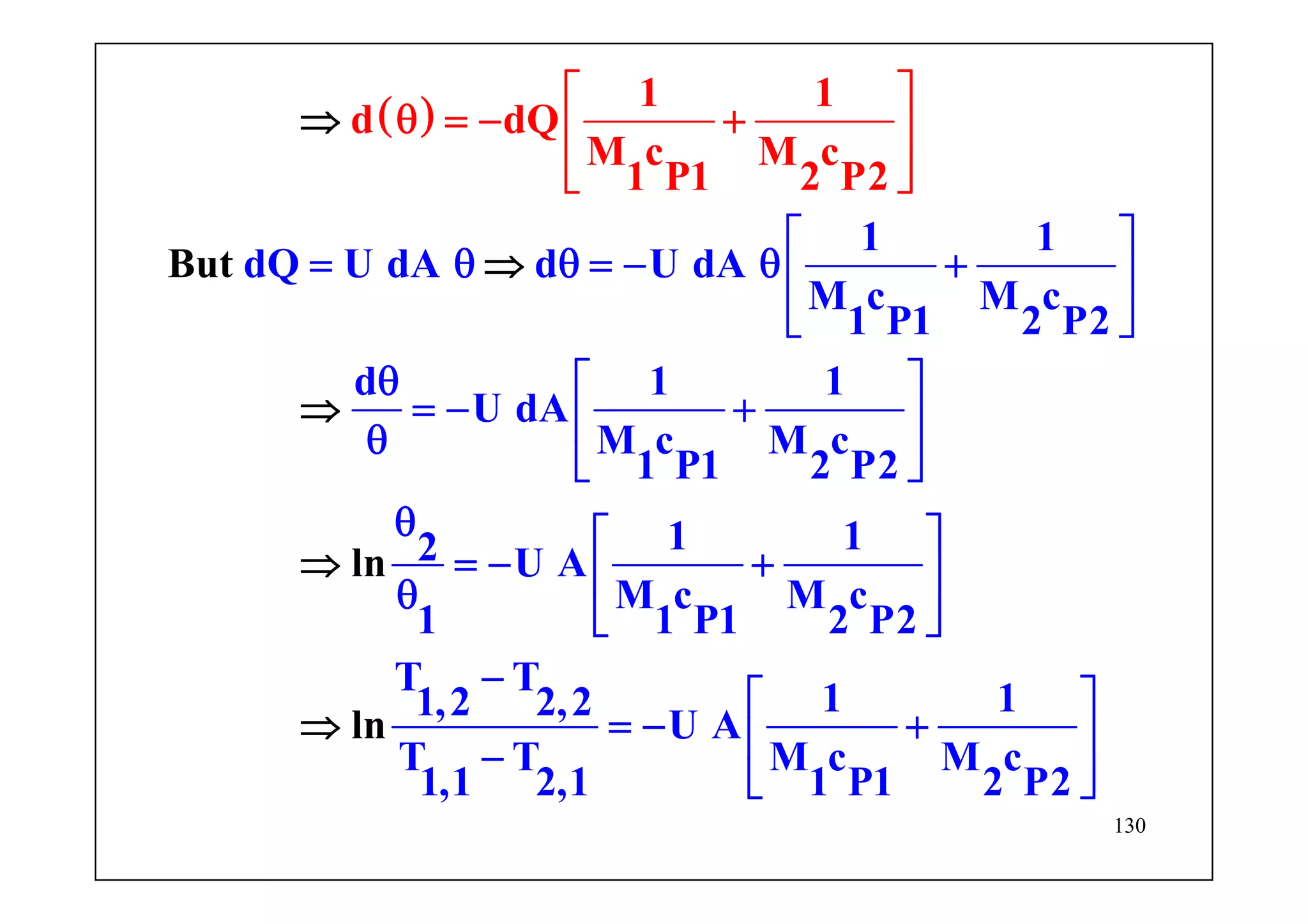 130
( )
1 1
dQ U dA d U dA
M c M c
1 P1 2 P2
d 1 1
U dA
M c M c
1 P1 2 P2
1 12 U A
M c M c
1 1 P1 2 P2
T T
1 11,2 2,2
U A
T T M c M c
1,1 2,
1 1
d dQ
M c M c
1 P1
1 1 P
2 P
But
1 2 P2
ln
ln
2
⇒
⇒
⎡ ⎤
= θ θ = − θ
⎡ ⎤
θ
+⎢ ⎥
⎣ ⎦
θ ⎡ ⎤
= − +⎢ ⎥θ
⎣ ⎦
θ ⎡ ⎤
= − +⎢ ⎥θ
⎣ ⎦
−
⎡ ⎤
=
= − +⎢ ⎥
⎣ ⎦
− +⎢ ⎥−
⎣
⇒
⇒
⎦
⇒
 
