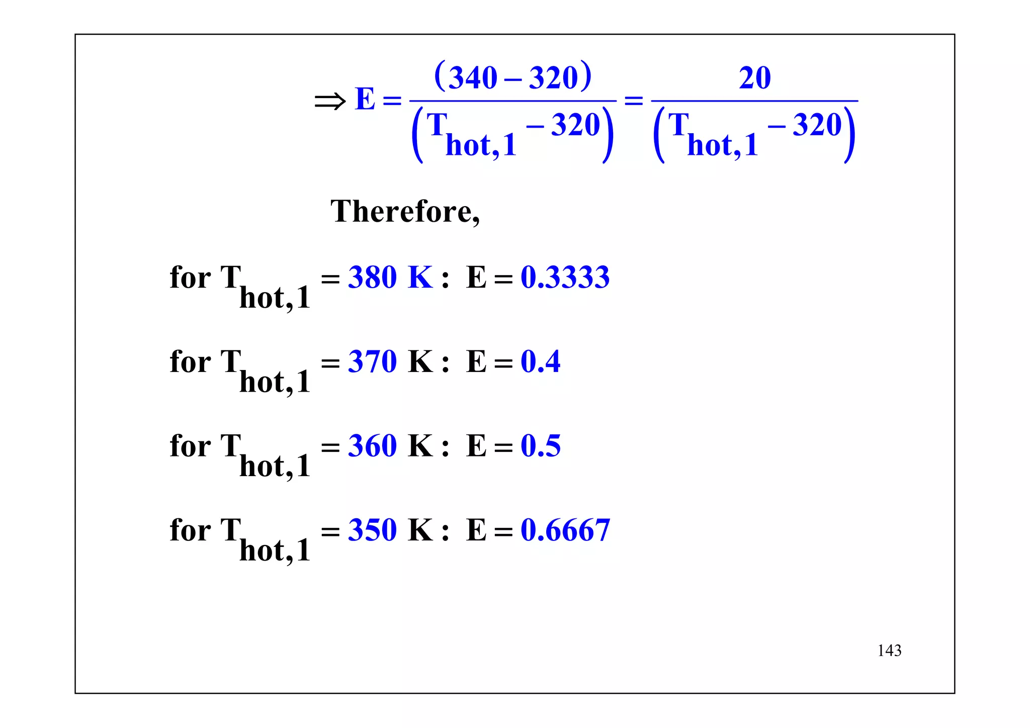 143
( )
( ) ( )
Therefore,
for T : E
hot,1
for T K :
340 320 20
E
T 320 T 32
E
hot,1
for T K : E
hot
0
hot,1 hot,1
380 K 0.3333
370 0.4
36
,1
for T K : E
hot
0 0.5
350 0.66
,1
67
⇒
= =
= =
= =
= =
−
= =
− −
 