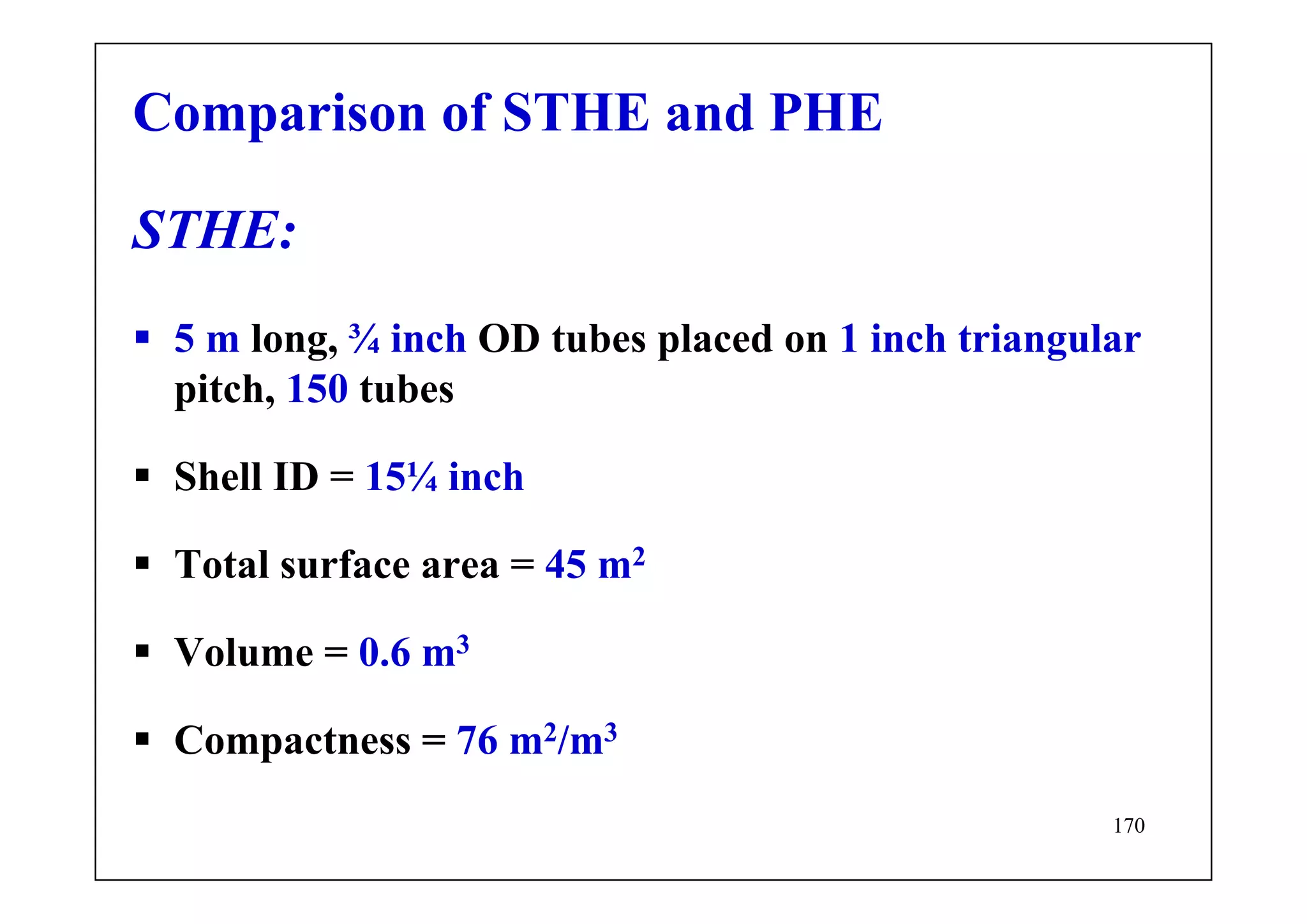 170
Comparison of STHE and PHE
STHE:
5 m long, ¾ inch OD tubes placed on 1 inch triangular
pitch, 150 tubes
Shell ID = 15¼ inch
Total surface area = 45 m2
Volume = 0.6 m3
Compactness = 76 m2/m3
 