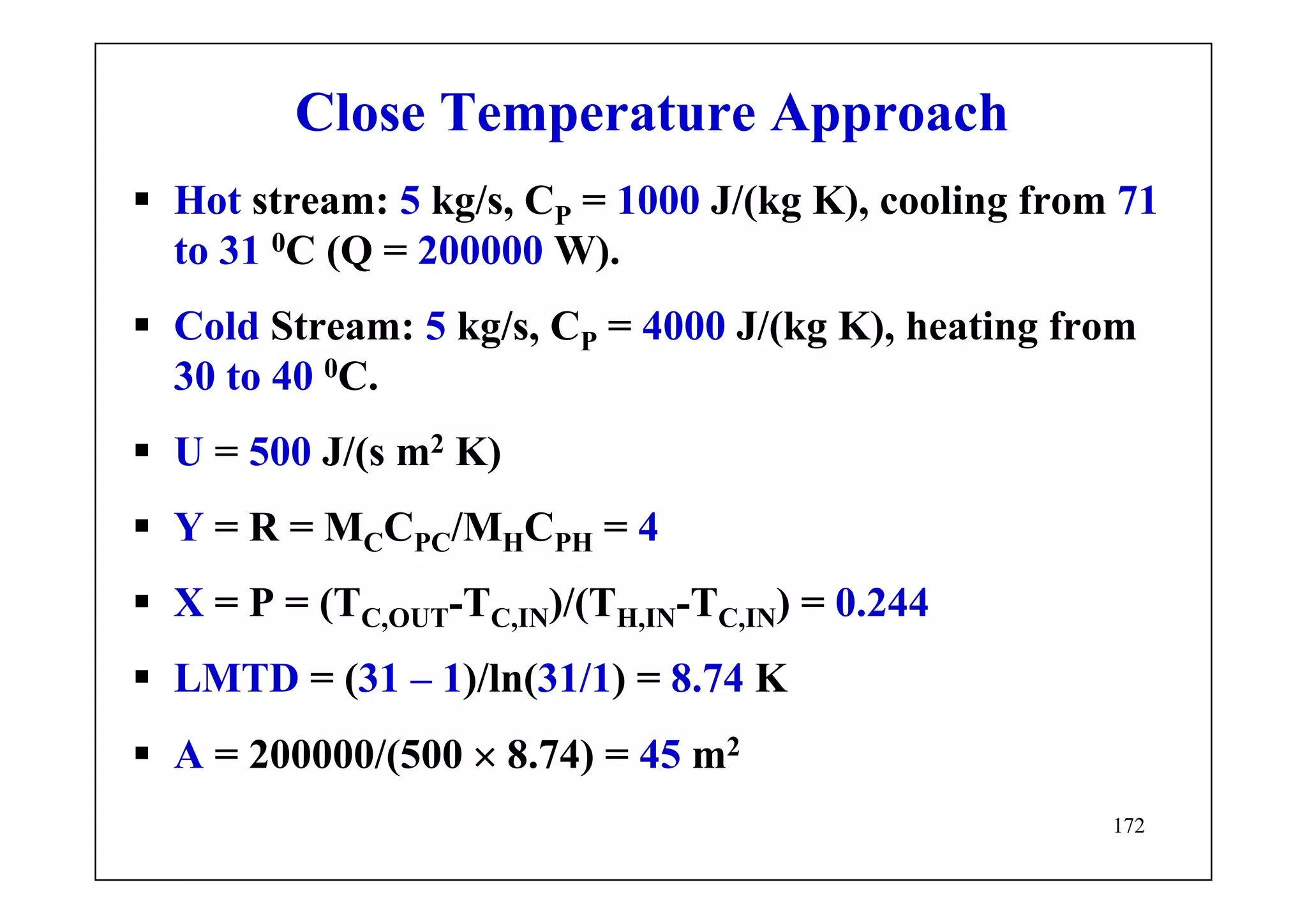 172
Close Temperature Approach
Hot stream: 5 kg/s, CP = 1000 J/(kg K), cooling from 71
to 31 0C (Q = 200000 W).
Cold Stream: 5 kg/s, CP = 4000 J/(kg K), heating from
30 to 40 0C.
U = 500 J/(s m2 K)
Y = R = MCCPC/MHCPH = 4
X = P = (TC,OUT-TC,IN)/(TH,IN-TC,IN) = 0.244
LMTD = (31 – 1)/ln(31/1) = 8.74 K
A = 200000/(500 × 8.74) = 45 m2
 