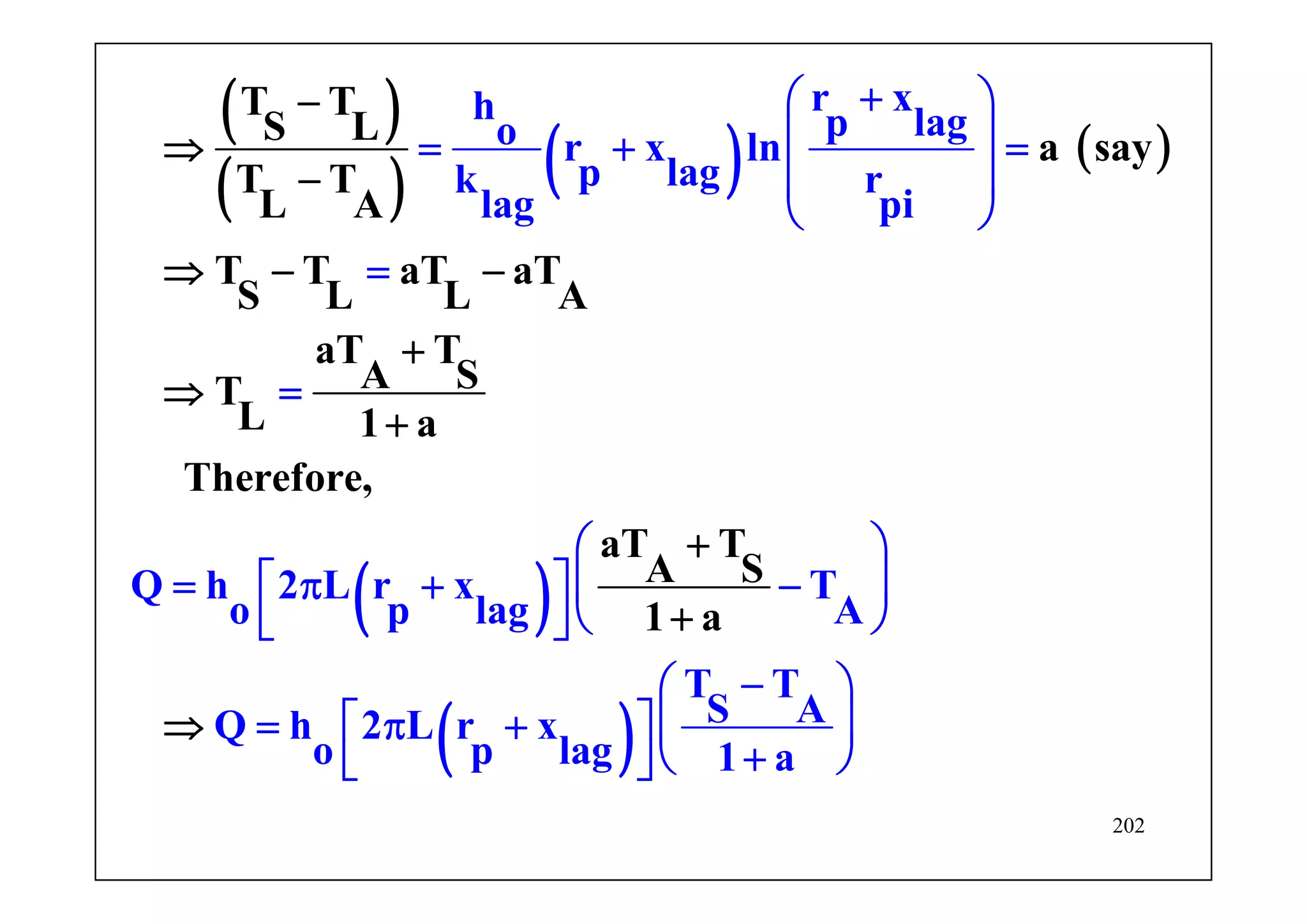 202
( )
( ) ( ) ( )
( )
( )
T T
S L a say
T T
L A
T T aT aT
S L L A
aT T
A ST
L 1 a
T
r xh p lago r x ln
p lagk r
lag pi
Q h 2 L r
herefore
x T
o p lag A
T T
S AQ h 2 L r
,
aT T
A S
x
o p lag
1 a
1 a
−
⇒
−
⇒ − −
+
⇒
+
+
+⎛ ⎞
⎜ ⎟= + =
⎜ ⎟
⎝ ⎠
=
=
⎛ ⎞
⎡ ⎤= π + −⎜ ⎟
⎝ ⎠⎣ ⎦
−⎛ ⎞
⎡ ⎤= π + ⎜ ⎟
+⎝⎦
+
⇒
⎠⎣
 