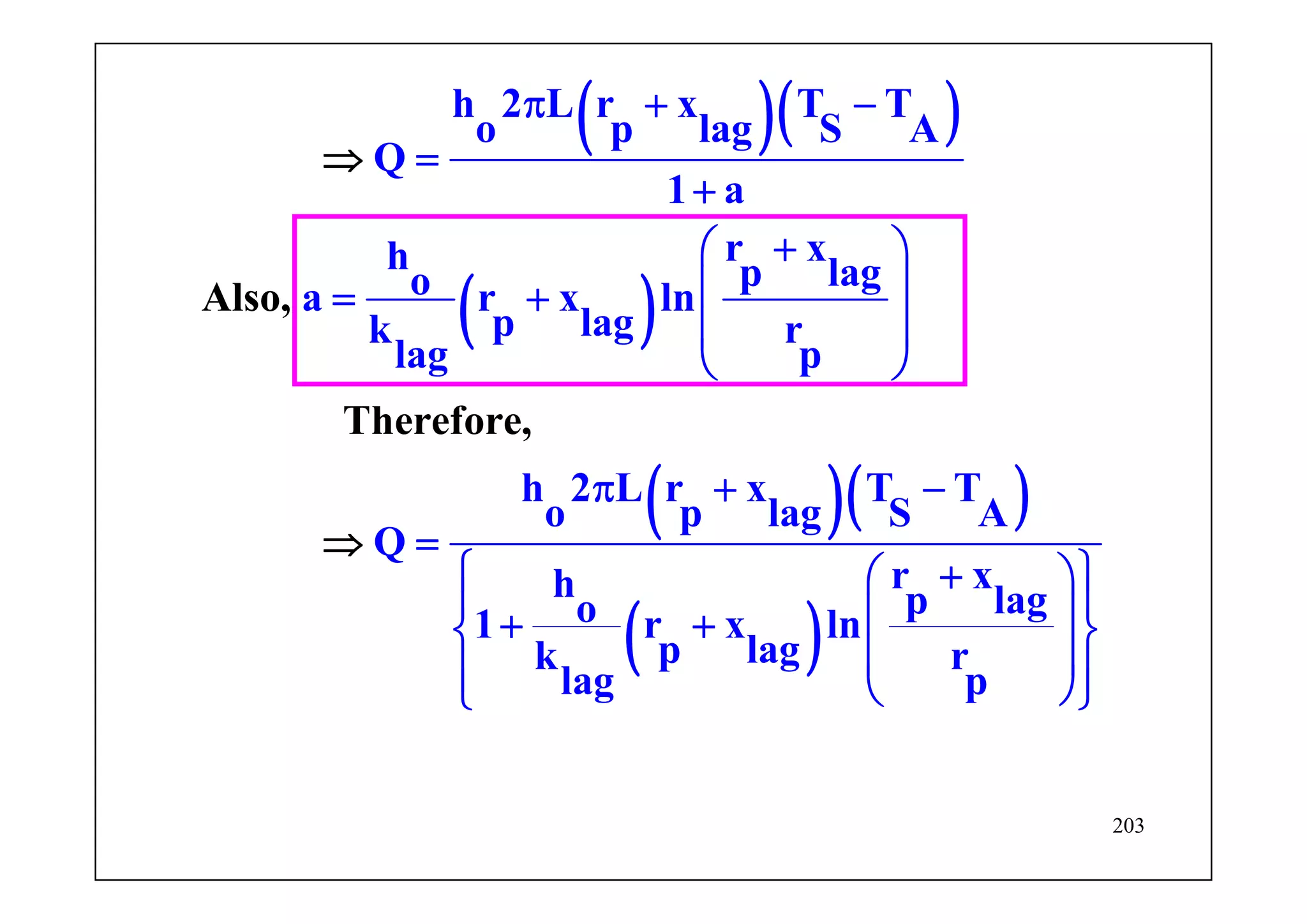 203
( )( )
( )
( )( )
( )
Also,
Theref
h 2 L r x T T
o p lag S A
Q
1 a
r xh p lagoa r x ln
p lagk r
lag p
h 2 L r x T T
o p lag S A
Q
r xh p lago1 r x ln
p
ore
lagk r
l p
,
ag
π + −
=
+
+⎛ ⎞
⎜ ⎟= +
⎜ ⎟
⎝ ⎠
π + −
=
⎧ ⎫+⎛ ⎞
⎪ ⎪⎜ ⎟+ +⎨ ⎬
⎜ ⎟⎪ ⎪⎝⎩
⇒
⇒
⎠⎭
 