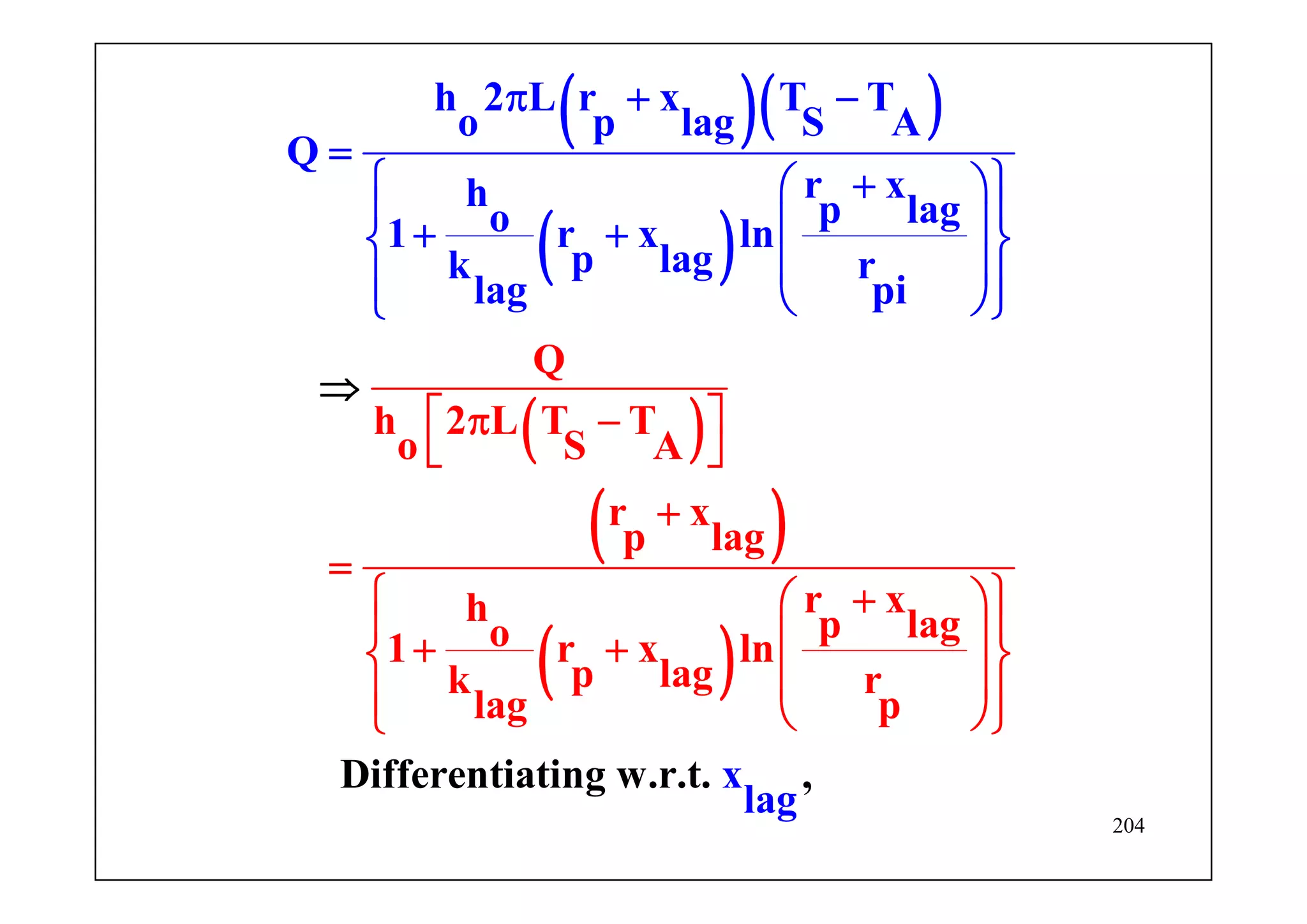 204
( )( )
( )
( )
( )
( )
Differentia
h 2 L r x T T
o p lag
Q
h 2 L T T
o
S A
Q
r xh p lago1 r x ln
p lagk r
la
S A
r x
p l
ting
ag
r xh p lago1 r x ln
p lagk r
l
w.r.t. ,
g pi
x
l
a
g
g p
a
⎡ ⎤π −
⎣ ⎦
+
=
π + −
=
⎧ ⎫+⎛ ⎞
⎪ ⎪⎜ ⎟+ +⎨ ⎬
⎜ ⎟⎪ ⎪⎝ ⎠⎩ ⎭
⎧ ⎫+⎛ ⎞
⎪ ⎪⎜ ⎟+ +⎨ ⎬
⎜ ⎟⎪ ⎪⎝ ⎠⎩ ⎭
⇒
 