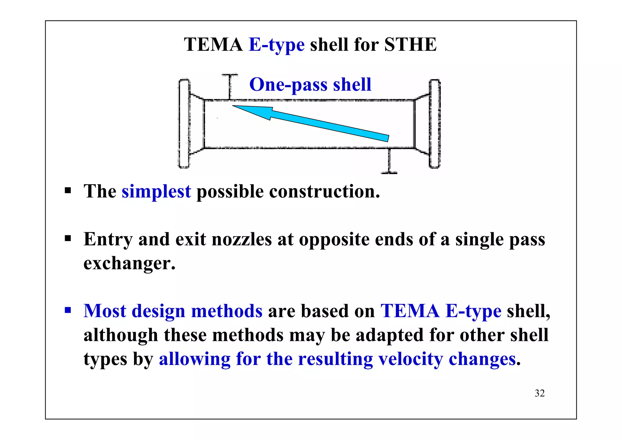 32
TEMA E-type shell for STHE
The simplest possible construction.
Entry and exit nozzles at opposite ends of a single pass
exchanger.
Most design methods are based on TEMA E-type shell,
although these methods may be adapted for other shell
types by allowing for the resulting velocity changes.
One-pass shell
 