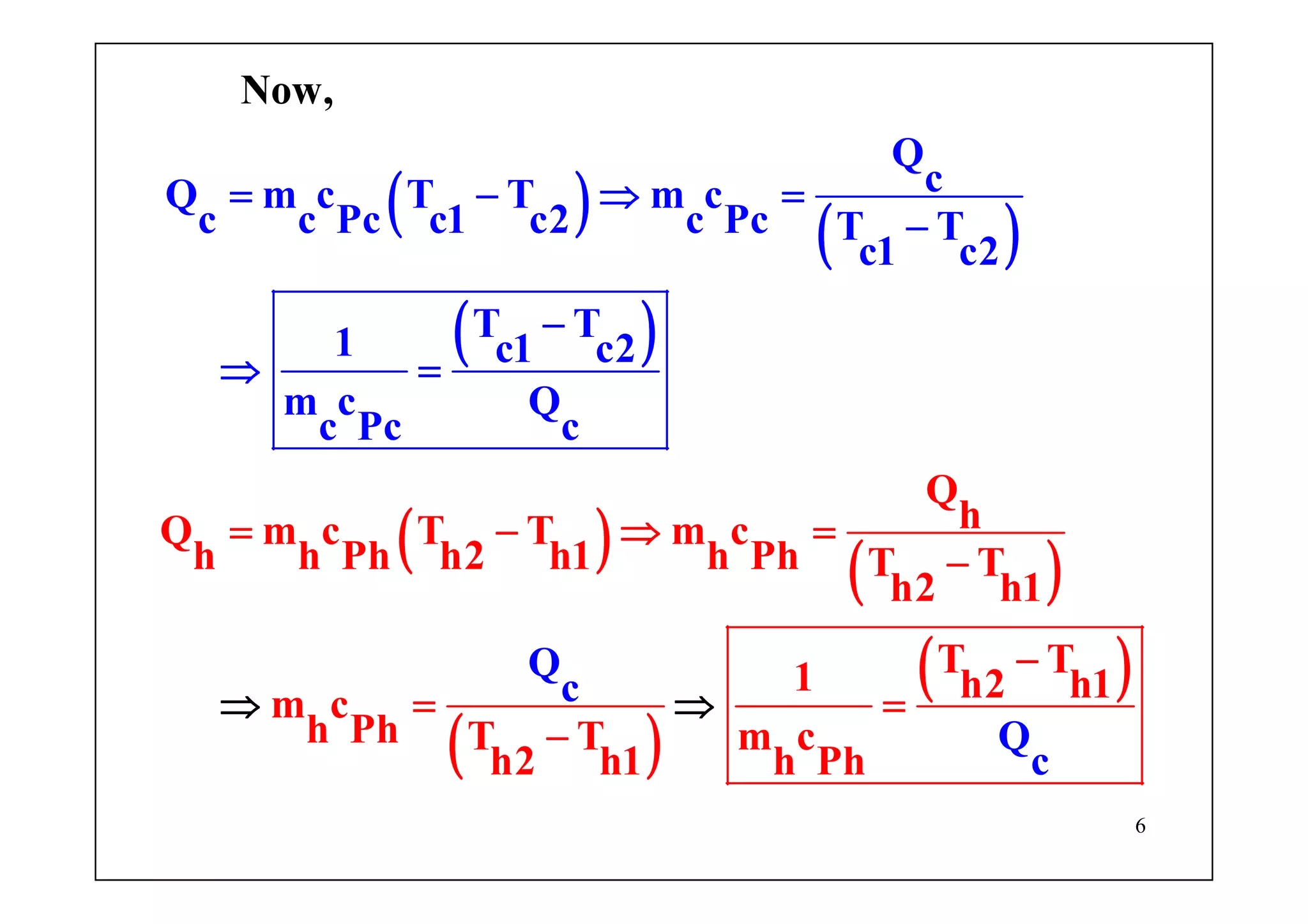 6
( ) ( )
( )
( ) ( )
( )
( )
Q
hQ m c T T m c
h h P
Q
cQ m c T T m c
c
h h2 h1 h Ph
c Pc c1 c2 c Pc
Now,
T T
c1 c2
T T1 c
T T
h2 h1
T T1 h2 h1m c
h Ph T T m c
h2 h1 h Ph
1 c2
m c Q
c Pc c
Q
c
Q
c
= − ⇒ =
= − ⇒
−
−
= =
−
⇒ ⇒
=
−
−
⇒ =
 