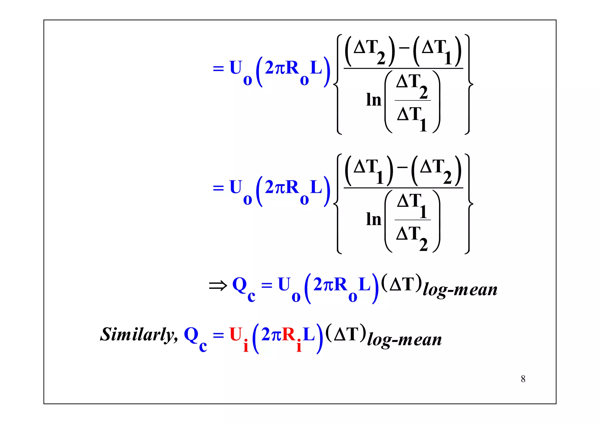 8
( )
( ) ( )
( )
( ) ( )
( )( )
( )( )
log-mean
Similarly, log-mean
T T
2 1
T
2ln
T
1
T T
1 2
T
1ln
U 2 R L
o o
U 2 R L
o o
Q U 2 R L
c o o
Q 2 L
c
U
i
T
T
TR
i
2
⎧ ⎫Δ − Δ
⎪ ⎪⎪ ⎪Δ⎛ ⎞⎨ ⎬
⎜ ⎟⎪ ⎪⎜ ⎟Δ
⎪ ⎪⎝ ⎠⎩ ⎭
⎧ ⎫Δ − Δ
⎪ ⎪⎪ ⎪Δ⎛ ⎞⎨ ⎬
⎜ ⎟⎪ ⎪⎜ ⎟Δ
⎪ ⎪⎝ ⎠⎩ ⎭
⇒ Δ
Δ
= π
= π
= π
= π
 