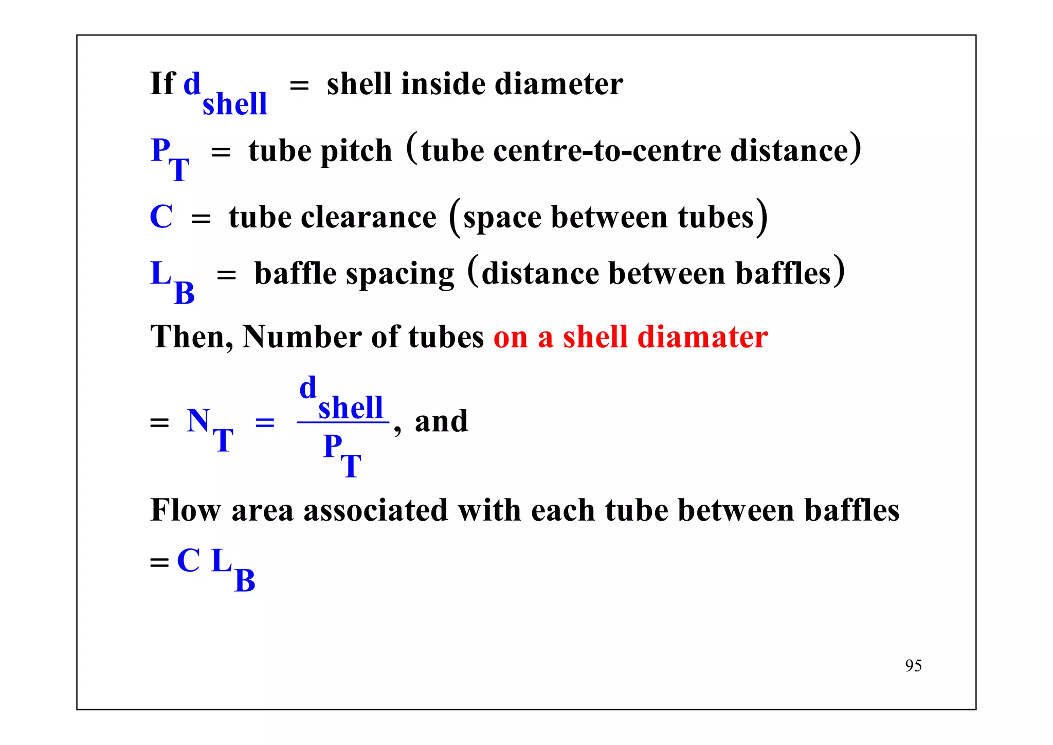 95
( )
( )
( )
If shell inside diameter
tube pitch tube centre-to-centre distance
tube clearance space between tubes
baffle spacing distance between baffles
Then, Number of tube o
d
sh
n a
ell
P
T
shels l diamat
C
L
B
=
=
=
=
, and
Flow area associated with each tube betwe
d
sh
en
ellN
baffl
e
e
T P
L
r
T
B
s
C
=
=
=
 