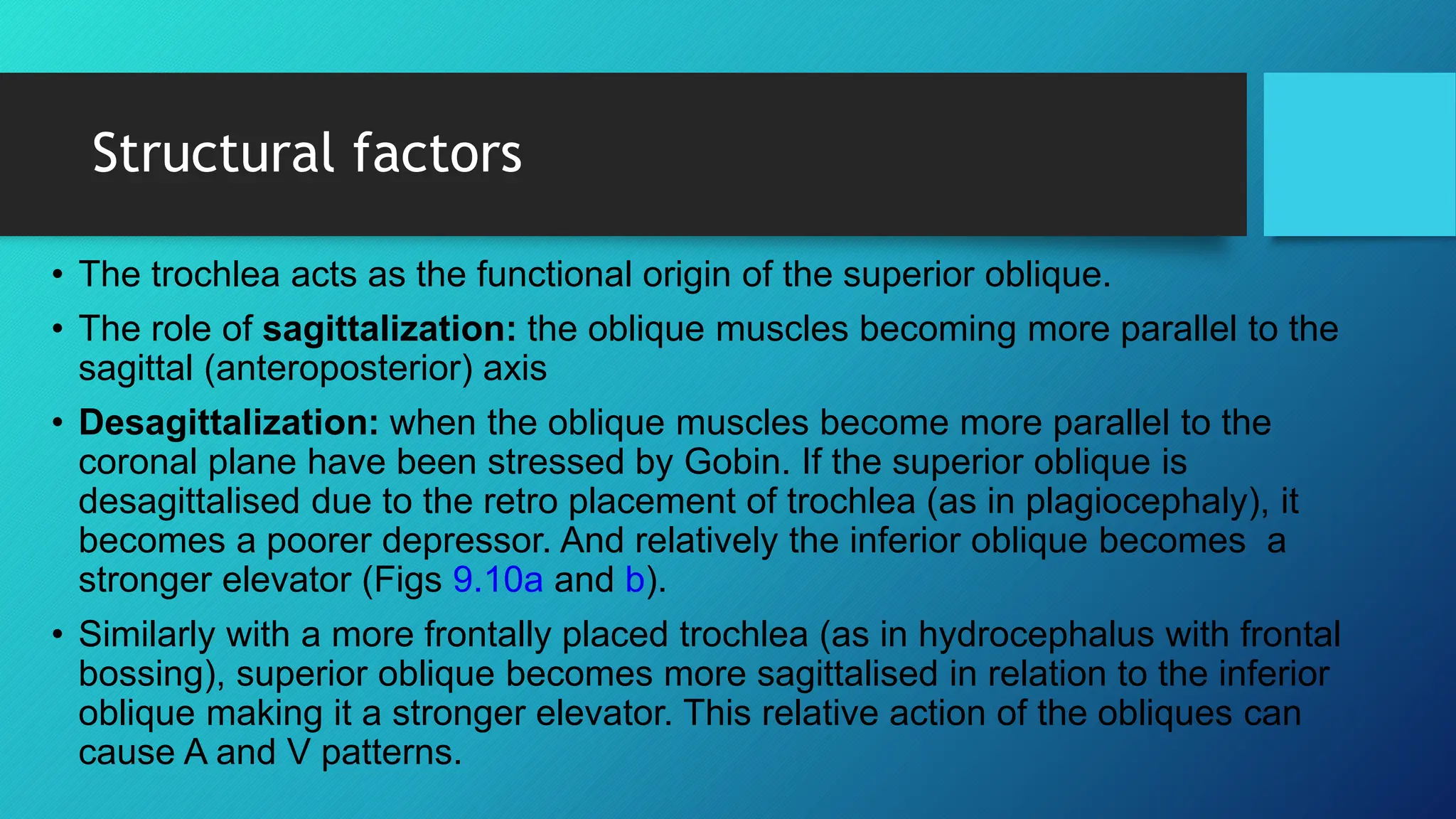 Structural factors
• The trochlea acts as the functional origin of the superior oblique.
• The role of sagittalization: the oblique muscles becoming more parallel to the
sagittal (anteroposterior) axis
• Desagittalization: when the oblique muscles become more parallel to the
coronal plane have been stressed by Gobin. If the superior oblique is
desagittalised due to the retro placement of trochlea (as in plagiocephaly), it
becomes a poorer depressor. And relatively the inferior oblique becomes a
stronger elevator (Figs 9.10a and b).
• Similarly with a more frontally placed trochlea (as in hydrocephalus with frontal
bossing), superior oblique becomes more sagittalised in relation to the inferior
oblique making it a stronger elevator. This relative action of the obliques can
cause A and V patterns.
 