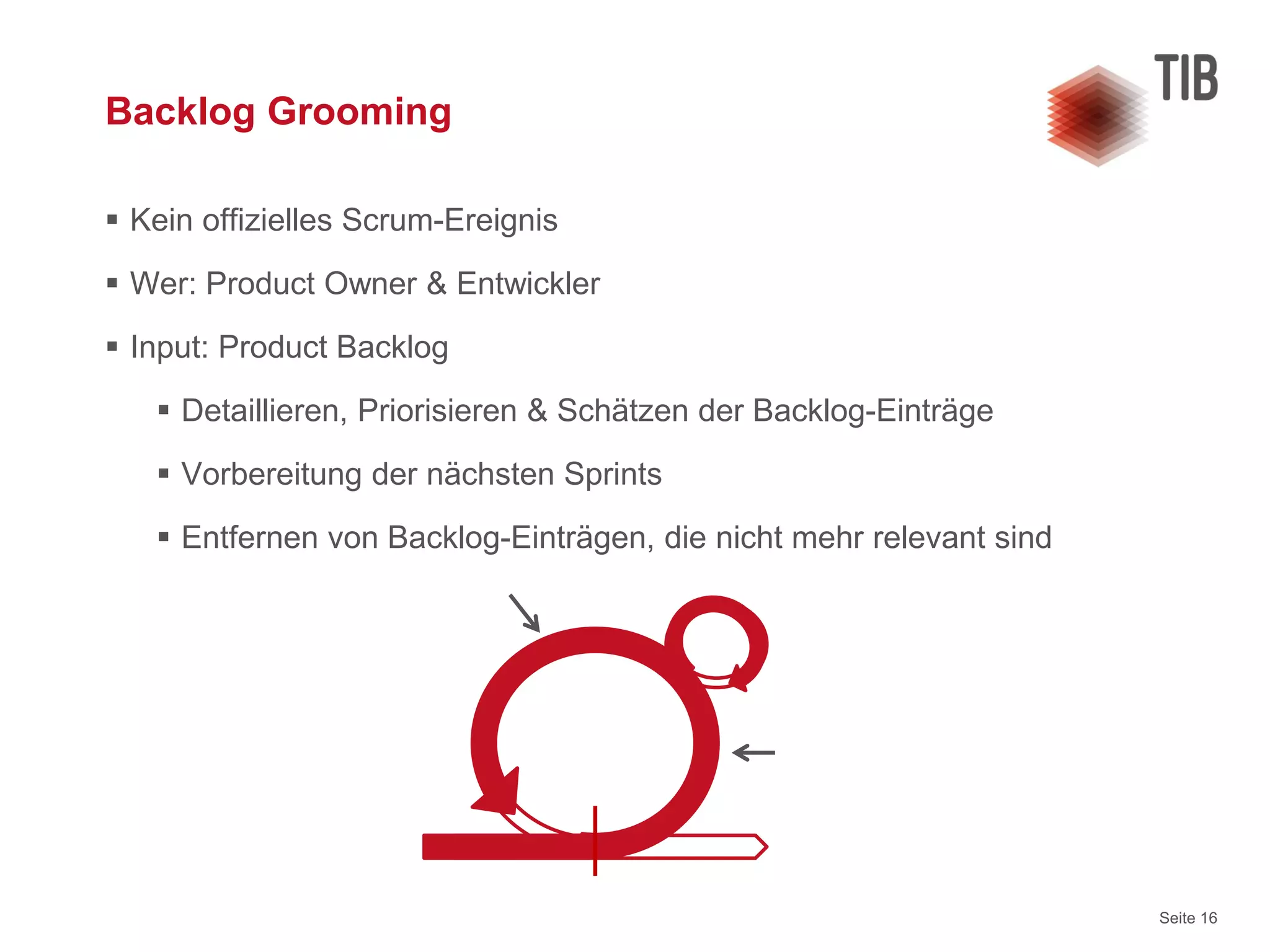 Seite 16
Backlog Grooming
 Kein offizielles Scrum-Ereignis
 Wer: Product Owner & Entwickler
 Input: Product Backlog
 Detaillieren, Priorisieren & Schätzen der Backlog-Einträge
 Vorbereitung der nächsten Sprints
 Entfernen von Backlog-Einträgen, die nicht mehr relevant sind
 