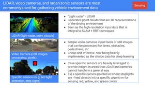 LIDAR, video cameras, and radar/sonic sensors are most
commonly used for gathering vehicle environment data
Video Camera (...
