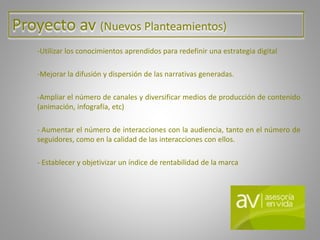 Proyecto av (Nuevos Planteamientos)
-Utilizar los conocimientos aprendidos para redefinir una estrategia digital
-Mejorar la difusión y dispersión de las narrativas generadas.
-Ampliar el número de canales y diversificar medios de producción de contenido
(animación, infografía, etc)
- Aumentar el número de interacciones con la audiencia, tanto en el número de
seguidores, como en la calidad de las interacciones con ellos.
- Establecer y objetivizar un índice de rentabilidad de la marca
