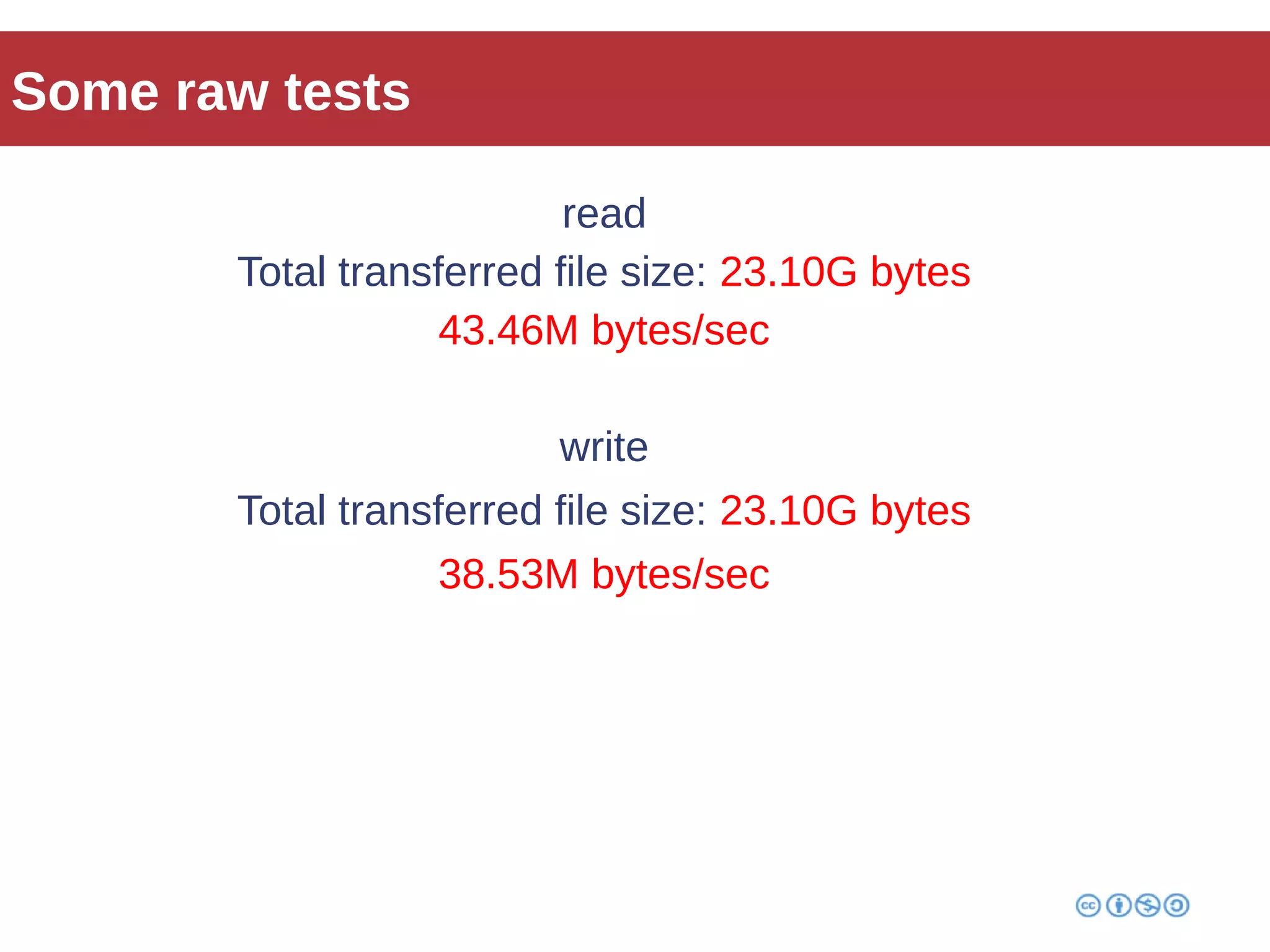 Some raw tests 
read 
Total transferred file size: 23.10G bytes 
43.46M bytes/sec 
write 
Total transferred file size: 23.10G bytes 
38.53M bytes/sec 
 
