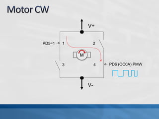 V+


PD5=1   1        2

            M

        3            4   PD6 (OC0A) PMW




                V-
 