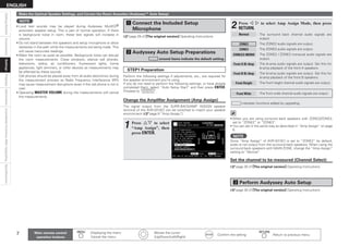 ENGLISH
Connections
Settings
Playback
Information
Specifications
Getting
Started
Unavailable
Functions
After
Upgrading
Make the Optimal Speaker Settings, and Correct the Room Acoustics (Audyssey™ Auto Setup)
s Audyssey Auto Setup Preparations
around items indicate the default setting.
Perform the following settings if adjustments, etc., are required for
the speaker environment you’re using.
If you do not need to perform the following settings, or have already
completed them, select “Auto Setup Start” and then press ENTER.
Proceed to “ STEP2 ”.
When you are using surround back speakers with ZONE2/ZONE3,
set to “ZONE2” or “ZONE3”.
You can set in the same way as described in “Amp Assign” on page
8.
•
•
Change the Amplifier Assignment (Amp Assign)
The signal output from the SURR.BACK/AMP ASSIGN speaker
terminal of the AVR-3310CI can be switched to match your speaker
environment (vpage 8 “Amp Assign”).
1 Press ui to select
“Amp Assign”, then
press ENTER.
NOTE
Since “Amp Assign” of AVR-3310CI is set to “ZONE2” by default,
audio is not output from the surround back speakers. When using the
surround back speakers with MAIN ZONE, change the “Amp Assign”
setting to “Normal”.
vpage 30 of GThe original versionH Operating Instructions
d Perform Audyssey Auto Setup
Main remote control
operation buttons
:Displaying the menu
Cancel the menu
   
:Moves the cursor
(Up/Down/Left/Right)
:Confirm the setting :Return to previous menu
STEP1 Preparation
Set the channel to be measured (Channel Select)
vpage 30 of GThe original versionH Operating Instructions
vpage 29 of GThe original versionH Operating Instructions
a 
Connect the Included Setup
Microphone 2 Press o p to select Amp Assign Mode, then press
RETURN.
Normal
ZONE2
ZONE3
ZONE2/3-MONO
Front A Bi-Amp
Front B Bi-Amp
Front Height
Front Wide
: 
The surround back channel audio signals are
output.
: The ZONE2 audio signals are output.
: The ZONE3 audio signals are output.
: 
The ZONE2 / ZONE3 monaural audio signals are
output.
: 
The bi-amp audio signals are output. Set this for
bi-amp playback of the front A speakers.
: 
The bi-amp audio signals are output. Set this for
bi-amp playback of the front B speakers.
: 
The front height channel audio signals are output.
: 
The front wide channel audio signals are output.
indicates functions added by upgrading.
NOTE
• Loud test sounds may be played during Audyssey MultEQ®
automatic speaker setup. This is part of normal operation. If there
is background noise in room, these test signals will increase in
volume.
• Do not stand between the speakers and setup microphone or allow
obstacles in the path while the measurements are being made. This
will cause inaccurate readings.
• Make the room as quiet as possible. Background noise can disrupt
the room measurements. Close windows, silence cell phones,
televisions, radios, air conditioners, fluorescent lights, home
appliances, light dimmers, or other devices as measurements may
be affected by these sounds.
Cell phones should be placed away from all audio electronics during
the measurement process as Radio Frequency Interference (RFI)
may cause measurement disruptions (even if the cell phone is not in
use).
Operating MASTER VOLUME during the measurements will cancel
the measurements.
•
Settings
 