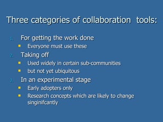 Three categories of collaboration  tools: <ul><li>For getting the work done </li></ul><ul><ul><li>Everyone must use these ...