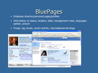 BluePages Employee directory/personal pages/profiles Information on status, location, skills, management chain, languages spoken, picture Fringe: tag clouds, recent activity, internal&external blogs 