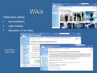 Wikis Collaborative editing:  documentation,  code snippets,  discussion of new ideas Lotus Notes Team rooms 