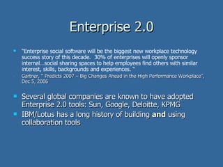 Enterprise 2.0 “ Enterprise social software will be the biggest new workplace technology success story of this decade.  30% of enterprises will openly sponsor internal…social sharing spaces to help employees find others with similar interest, skills, backgrounds and experiences. “ Gartner, “ Predicts 2007 – Big Changes Ahead in the High Performance Workplace”, Dec 5, 2006 Several global companies are known to have adopted Enterprise 2.0 tools: Sun, Google, Deloitte, KPMG IBM/Lotus has a long history of building  and  using collaboration tools 