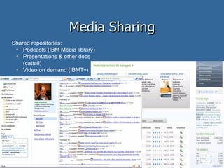 Media Sharing Shared repositories: Podcasts (IBM Media library) Presentations & other docs (cattail) Video on demand (IBMTv) 