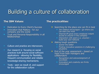 Building a culture of collaboration  The IBM Values: Dedication to Every Client's Success Innovation that Matters - for our company and the world Trust and Personal Responsibility in all Relationships  The practicalities: Searching for the place one can fit in best Job rotation encouraged – go where you  can learn the most Internal IM gives every employee instant access to anyone in the company Interaction with peers (i.e. anyone) – build your own network  Asking tough questions sooner the better  Finding innovative solutions in challenging situations End of the year assessment – based on input from both managers and collaborators  Recognition and acknowledgment of successes  Innovation and creativity are firmly encouraged Culture and practice are interwoven; Our research is  focusing on social practices built around social software applications - allowing for flexibility, frequent communication and reliable knowledge-sharing mechanisms.   Tools - seen as result of, and support for the collaboration culture 