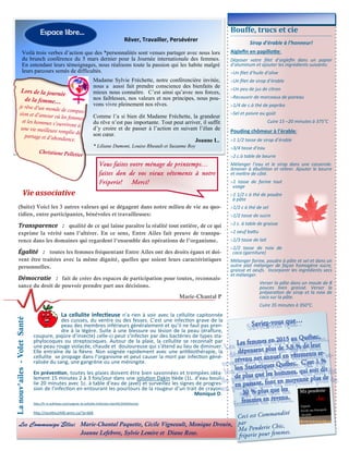 Bouffe, trucs et cie
Sirop d’érable à l’honneur!
Aiglefin en papillotte:
Déposer votre filet d’aiglefin dans un papier
d’aluminum et ajouter les ingrédients suivants:
Un filet d’huile d’olive
Un filet de sirop d’érable
Un peu de jus de citron
Recouvrir de morceaux de poireau
1/4 de c.à thé de paprika
Sel et poivre au goût
Cuire 15 –20 minutes à 375°C
Pouding chômeur à l’érable:
1 1/2 tasse de sirop d’érable
3/4 tasse d’eau
2 c.à table de beurre
Mélanger l’eau et le sirop dans une casserole.
Amener à ébullition et retirer. Ajouter le beurre
et mettre de côté.
1 tasse de farine tout
usage
1 1/2 c à thé de poudre
à pâte
1/2 c à thé de sel
1/2 tasse de sucre
1 c. à table de graisse
1 oeuf battu
1/3 tasse de lait
1/2 tasse de noix de
coco (garniture)
Mélanger farine, poudre à pâte et sel et dans un
autre plat mélanger de façon homogène sucre,
graisse et oeufs. Incorporer les ingrédients secs
et mélanger.
Verser la pâte dans un moule de 8
pouces bien graissé. Verser la
préparation de sirop et la noix de
coco sur la pâte.
Cuire 35 minutes à 350°C.
Vie associative
Lanouv’ailes-VoletSanté
Espace libre...
: Marie-Chantal Paquette, Cécile Vigneault, Monique Drouin,
Joanne Lefebvre, Sylvie Lemire et Diane Rose.
La cellulite infectieuse n’a rien à voir avec la cellulite capitonnée
des cuisses, du ventre ou des fesses. C’est une infection grave de la
peau des membres inférieurs généralement et qu’il ne faut pas pren-
dre à la légère. Suite à une blessure ou lésion de la peau (éraflure,
coupure, piqûre d’insecte) celle-ci peut s’infecter par des bactéries de types sta-
phylocoques ou streptocoques. Autour de la plaie, la cellulite se reconnaît par
une peau rouge violacée, chaude et douloureuse qui s’étend au lieu de diminuer.
Elle entraîne de la fièvre. Non soignée rapidement avec une antibiothérapie, la
cellulite se propage dans l’organisme et peut causer la mort par infection géné-
ralisée du sang, une gangrène ou une méningite.
En prévention, toutes les plaies doivent être bien savonnées et trempées idéa-
lement 15 minutes 2 à 3 fois/jour dans une solution Dakin tiède (1L. d’eau bouil-
lie 20 minutes avec 1c. à table d’eau de javel) et surveillez les signes de progres-
sion de l’infection en entourant les pourtours de la rougeur d’un trait de crayon.
Monique D.
http://fr.m.wikihow.com/soigner-la-cellulite-(infection-bact%C3%A9rienne)
http://recettes2400.wimz.ca/?p=668
Voilà trois verbes d’action que des *personnalités sont venues partager avec nous lors
du brunch conférence du 5 mars dernier pour la Journée internationale des femmes.
En entendant leurs témoignages, nous réalisons toute la passion qui les habite malgré
leurs parcours semés de difficultés.
(Suite) Voici les 3 autres valeurs qui se dégagent dans notre milieu de vie au quo-
tidien, entre participantes, bénévoles et travailleuses:
Transparence : qualité de ce qui laisse paraître la réalité tout entière, de ce qui
exprime la vérité sans l’altérer. En ce sens, Entre Ailes fait preuve de transpa-
rence dans les domaines qui regardent l’ensemble des opérations de l’organisme.
Égalité : toutes les femmes fréquentant Entre Ailes ont des droits égaux et doi-
vent être traitées avec la même dignité, quelles que soient leurs caractéristiques
personnelles.
Démocratie : fait de créer des espaces de participation pour toutes, reconnais-
sance du droit de pouvoir prendre part aux décisions.
Marie-Chantal P
Madame Sylvie Fréchette, notre conférencière invitée,
nous a aussi fait prendre conscience des bienfaits de
mieux nous connaître. C’est ainsi qu’avec nos forces,
nos faiblesses, nos valeurs et nos principes, nous pou-
vons vivre pleinement nos rêves.
Comme l’a si bien dit Madame Fréchette, la grandeur
du rêve n’est pas importante. Tout peut arriver, il suffit
d’y croire et de passer à l’action en suivant l’élan de
son cœur.
Joanne L.
* Liliane Dumont, Louise Rheault et Suzanne Roy
Rêver, Travailler, Persévérer
 