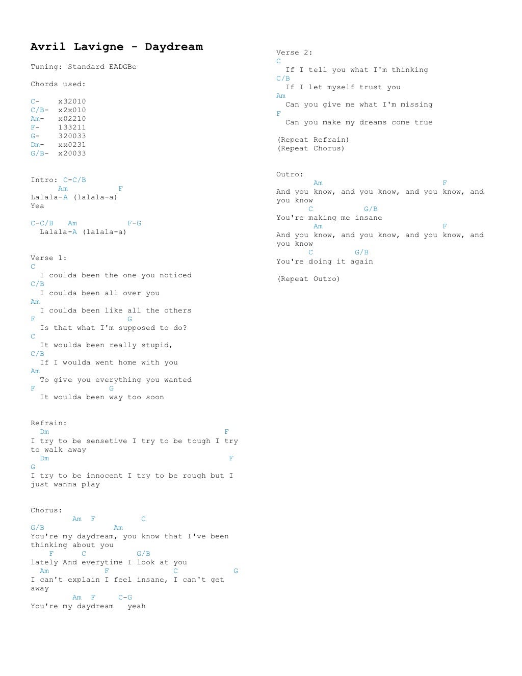 Avril lavigne chords