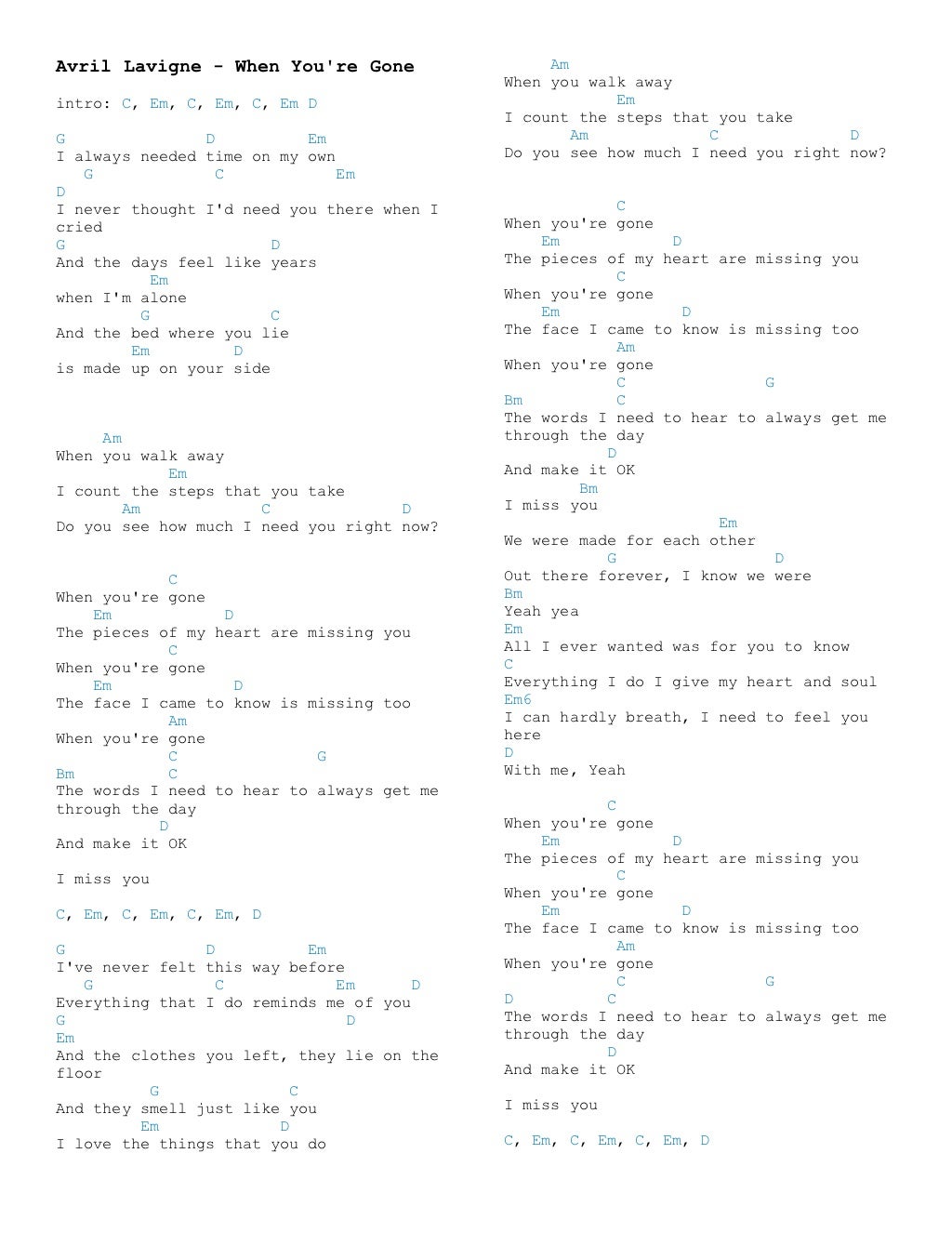 Avril lavigne chords