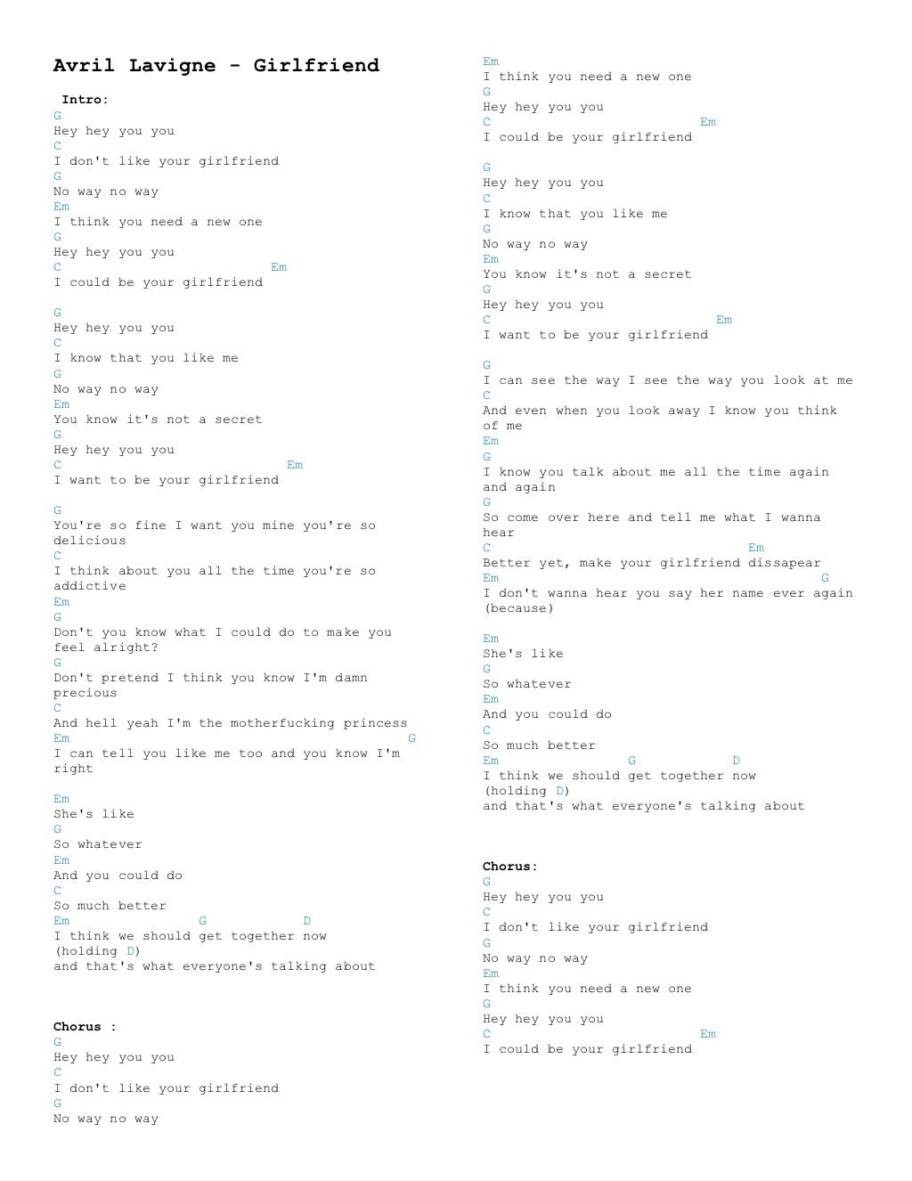 Avril lavigne chords