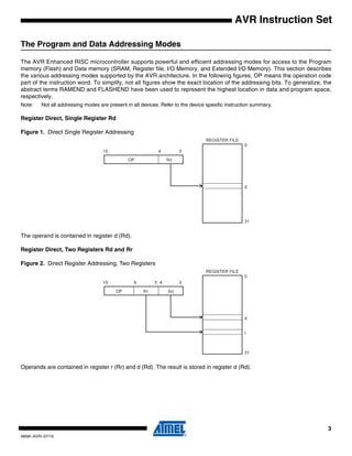 3
0856I–AVR–07/10
AVR Instruction Set
The Program and Data Addressing Modes
The AVR Enhanced RISC microcontroller supports powerful and efficient addressing modes for access to the Program
memory (Flash) and Data memory (SRAM, Register file, I/O Memory, and Extended I/O Memory). This section describes
the various addressing modes supported by the AVR architecture. In the following figures, OP means the operation code
part of the instruction word. To simplify, not all figures show the exact location of the addressing bits. To generalize, the
abstract terms RAMEND and FLASHEND have been used to represent the highest location in data and program space,
respectively.
Note: Not all addressing modes are present in all devices. Refer to the device spesific instruction summary.
Register Direct, Single Register Rd
Figure 1. Direct Single Register Addressing
The operand is contained in register d (Rd).
Register Direct, Two Registers Rd and Rr
Figure 2. Direct Register Addressing, Two Registers
Operands are contained in register r (Rr) and d (Rd). The result is stored in register d (Rd).
 