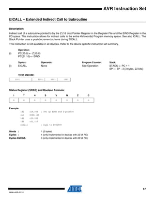 67
0856I–AVR–07/10
AVR Instruction Set
EICALL – Extended Indirect Call to Subroutine
Description:
Indirect call of a subroutine pointed to by the Z (16 bits) Pointer Register in the Register File and the EIND Register in the
I/O space. This instruction allows for indirect calls to the entire 4M (words) Program memory space. See also ICALL. The
Stack Pointer uses a post-decrement scheme during EICALL.
This instruction is not available in all devices. Refer to the device specific instruction set summary.
Operation:
(i) PC(15:0) ← Z(15:0)
PC(21:16) ← EIND
Syntax: Operands: Program Counter: Stack:
(i) EICALL None See Operation STACK ← PC + 1
SP ← SP - 3 (3 bytes, 22 bits)
16-bit Opcode:
Status Register (SREG) and Boolean Formula:
Example:
ldi r16,$05 ; Set up EIND and Z-pointer
out EIND,r16
ldi r30,$00
ldi r31,$10
eicall ; Call to $051000
Words : 1 (2 bytes)
Cycles : 4 (only implemented in devices with 22 bit PC)
Cycles XMEGA: 3 (only implemented in devices with 22 bit PC)
1001 0101 0001 1001
I T H S V N Z C
– – – – – – – –
 