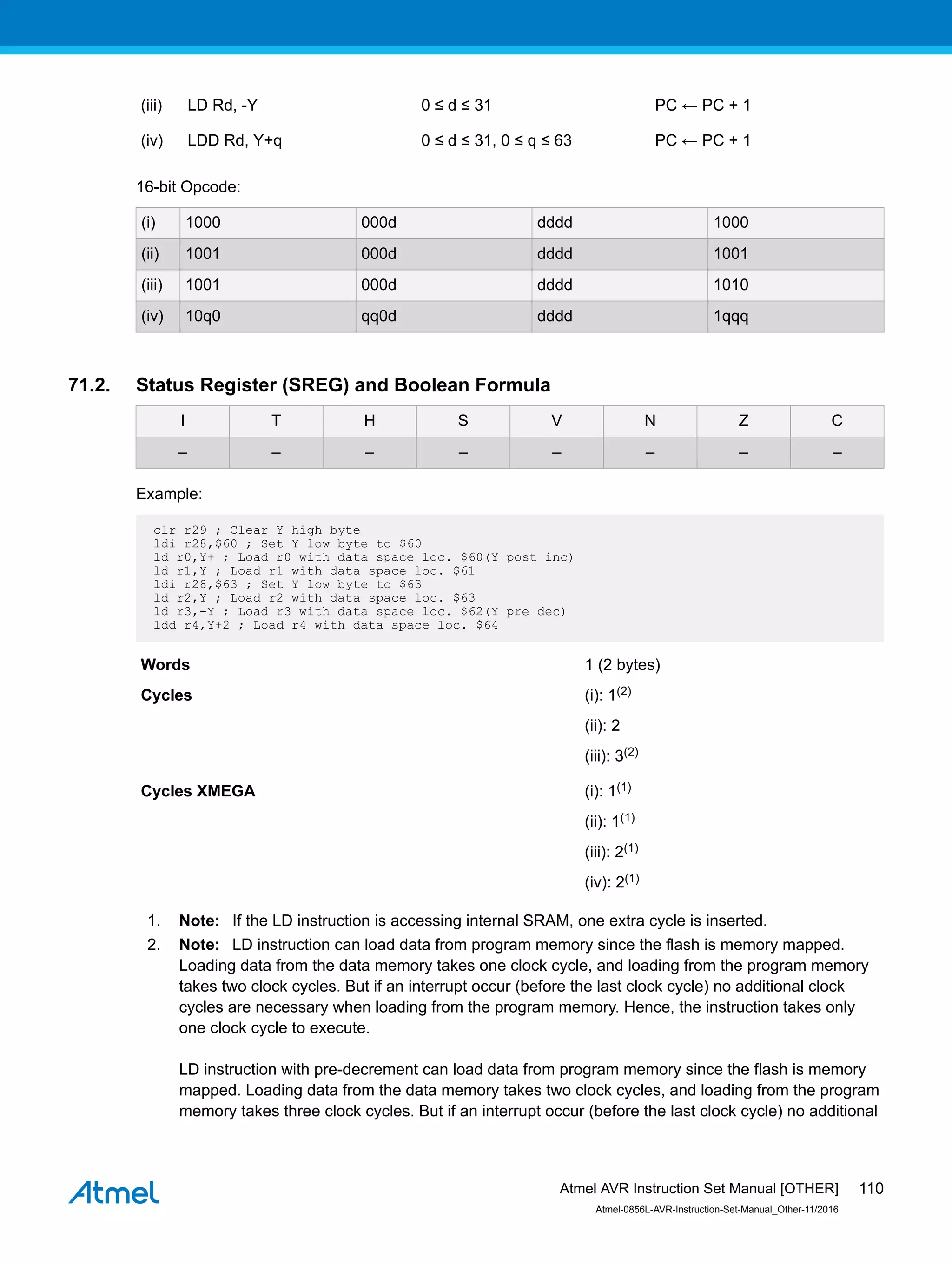 (iii) LD Rd, -Y 0 ≤ d ≤ 31 PC ← PC + 1
(iv) LDD Rd, Y+q 0 ≤ d ≤ 31, 0 ≤ q ≤ 63 PC ← PC + 1
16-bit Opcode:
(i) 1000 000d dddd 1000
(ii) 1001 000d dddd 1001
(iii) 1001 000d dddd 1010
(iv) 10q0 qq0d dddd 1qqq
71.2. Status Register (SREG) and Boolean Formula
I T H S V N Z C
– – – – – – – –
Example:
clr r29 ; Clear Y high byte
ldi r28,$60 ; Set Y low byte to $60
ld r0,Y+ ; Load r0 with data space loc. $60(Y post inc)
ld r1,Y ; Load r1 with data space loc. $61
ldi r28,$63 ; Set Y low byte to $63
ld r2,Y ; Load r2 with data space loc. $63
ld r3,-Y ; Load r3 with data space loc. $62(Y pre dec)
ldd r4,Y+2 ; Load r4 with data space loc. $64
Words 1 (2 bytes)
Cycles (i): 1(2)
(ii): 2
(iii): 3(2)
Cycles XMEGA (i): 1(1)
(ii): 1(1)
(iii): 2(1)
(iv): 2(1)
1. Note: If the LD instruction is accessing internal SRAM, one extra cycle is inserted.
2. Note: LD instruction can load data from program memory since the flash is memory mapped.
Loading data from the data memory takes one clock cycle, and loading from the program memory
takes two clock cycles. But if an interrupt occur (before the last clock cycle) no additional clock
cycles are necessary when loading from the program memory. Hence, the instruction takes only
one clock cycle to execute.
LD instruction with pre-decrement can load data from program memory since the flash is memory
mapped. Loading data from the data memory takes two clock cycles, and loading from the program
memory takes three clock cycles. But if an interrupt occur (before the last clock cycle) no additional
Atmel AVR Instruction Set Manual [OTHER]
Atmel-0856L-AVR-Instruction-Set-Manual_Other-11/2016
110
 