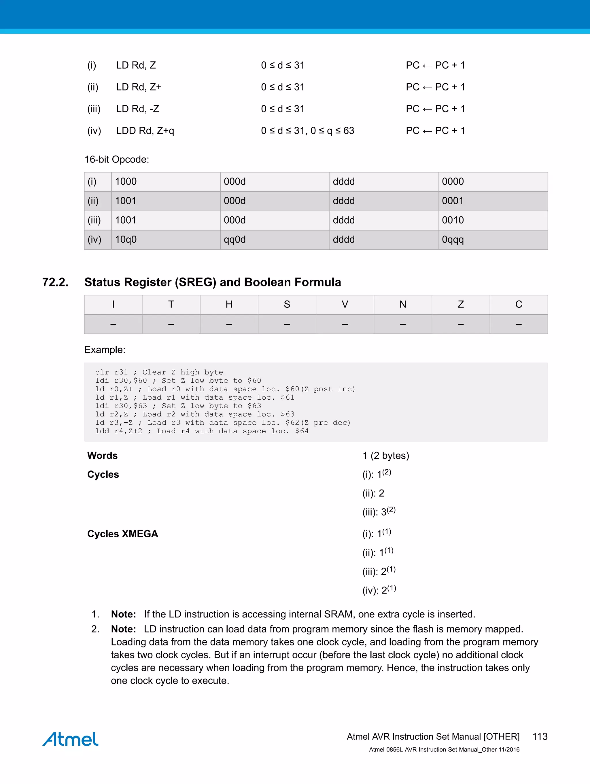 (i) LD Rd, Z 0 ≤ d ≤ 31 PC ← PC + 1
(ii) LD Rd, Z+ 0 ≤ d ≤ 31 PC ← PC + 1
(iii) LD Rd, -Z 0 ≤ d ≤ 31 PC ← PC + 1
(iv) LDD Rd, Z+q 0 ≤ d ≤ 31, 0 ≤ q ≤ 63 PC ← PC + 1
16-bit Opcode:
(i) 1000 000d dddd 0000
(ii) 1001 000d dddd 0001
(iii) 1001 000d dddd 0010
(iv) 10q0 qq0d dddd 0qqq
72.2. Status Register (SREG) and Boolean Formula
I T H S V N Z C
– – – – – – – –
Example:
clr r31 ; Clear Z high byte
ldi r30,$60 ; Set Z low byte to $60
ld r0,Z+ ; Load r0 with data space loc. $60(Z post inc)
ld r1,Z ; Load r1 with data space loc. $61
ldi r30,$63 ; Set Z low byte to $63
ld r2,Z ; Load r2 with data space loc. $63
ld r3,-Z ; Load r3 with data space loc. $62(Z pre dec)
ldd r4,Z+2 ; Load r4 with data space loc. $64
Words 1 (2 bytes)
Cycles (i): 1(2)
(ii): 2
(iii): 3(2)
Cycles XMEGA (i): 1(1)
(ii): 1(1)
(iii): 2(1)
(iv): 2(1)
1. Note: If the LD instruction is accessing internal SRAM, one extra cycle is inserted.
2. Note: LD instruction can load data from program memory since the flash is memory mapped.
Loading data from the data memory takes one clock cycle, and loading from the program memory
takes two clock cycles. But if an interrupt occur (before the last clock cycle) no additional clock
cycles are necessary when loading from the program memory. Hence, the instruction takes only
one clock cycle to execute.
Atmel AVR Instruction Set Manual [OTHER]
Atmel-0856L-AVR-Instruction-Set-Manual_Other-11/2016
113
 