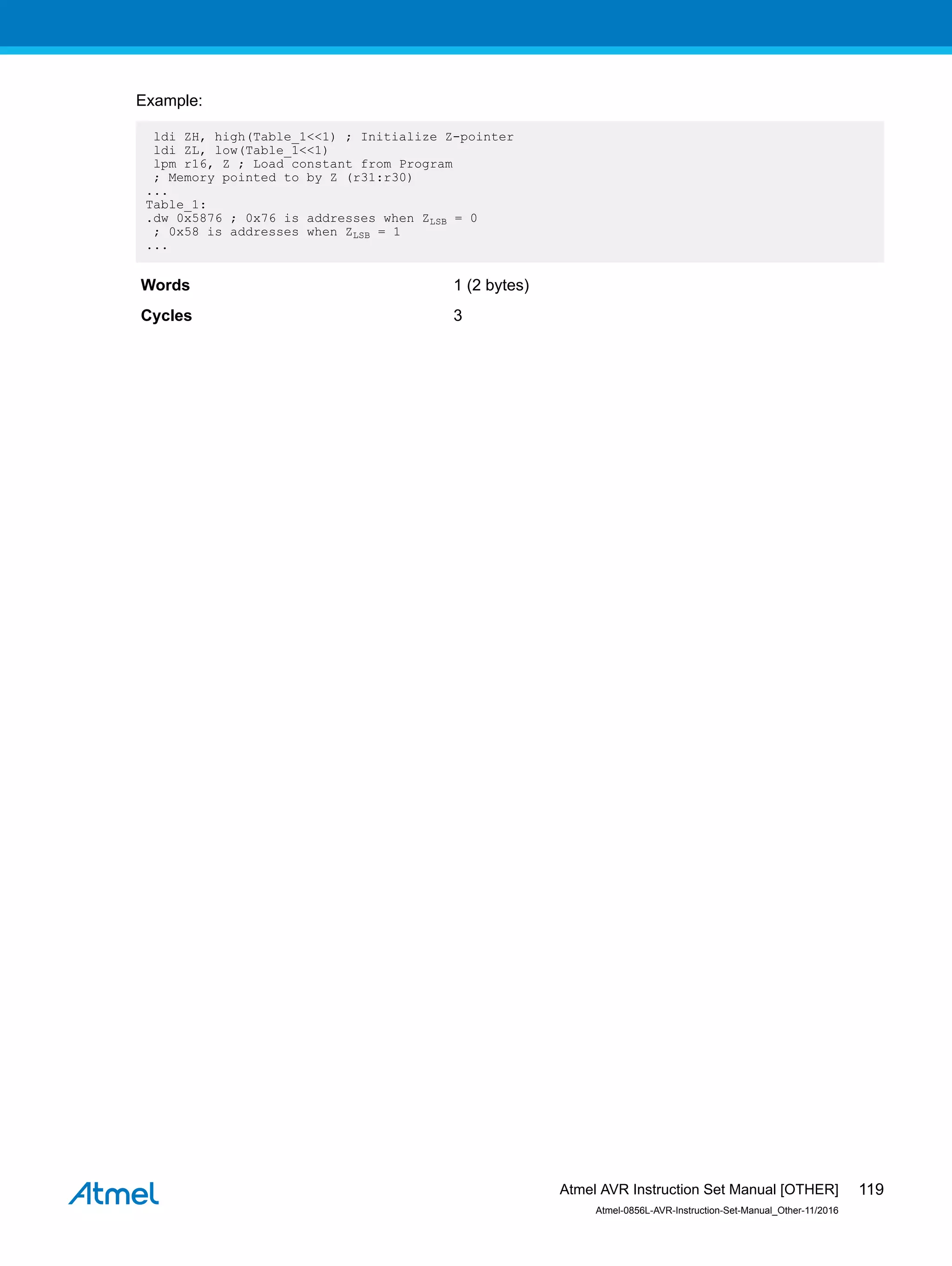 Example:
ldi ZH, high(Table_1<<1) ; Initialize Z-pointer
ldi ZL, low(Table_1<<1)
lpm r16, Z ; Load constant from Program
; Memory pointed to by Z (r31:r30)
...
Table_1:
.dw 0x5876 ; 0x76 is addresses when ZLSB = 0
; 0x58 is addresses when ZLSB = 1
...
Words 1 (2 bytes)
Cycles 3
Atmel AVR Instruction Set Manual [OTHER]
Atmel-0856L-AVR-Instruction-Set-Manual_Other-11/2016
119
 
