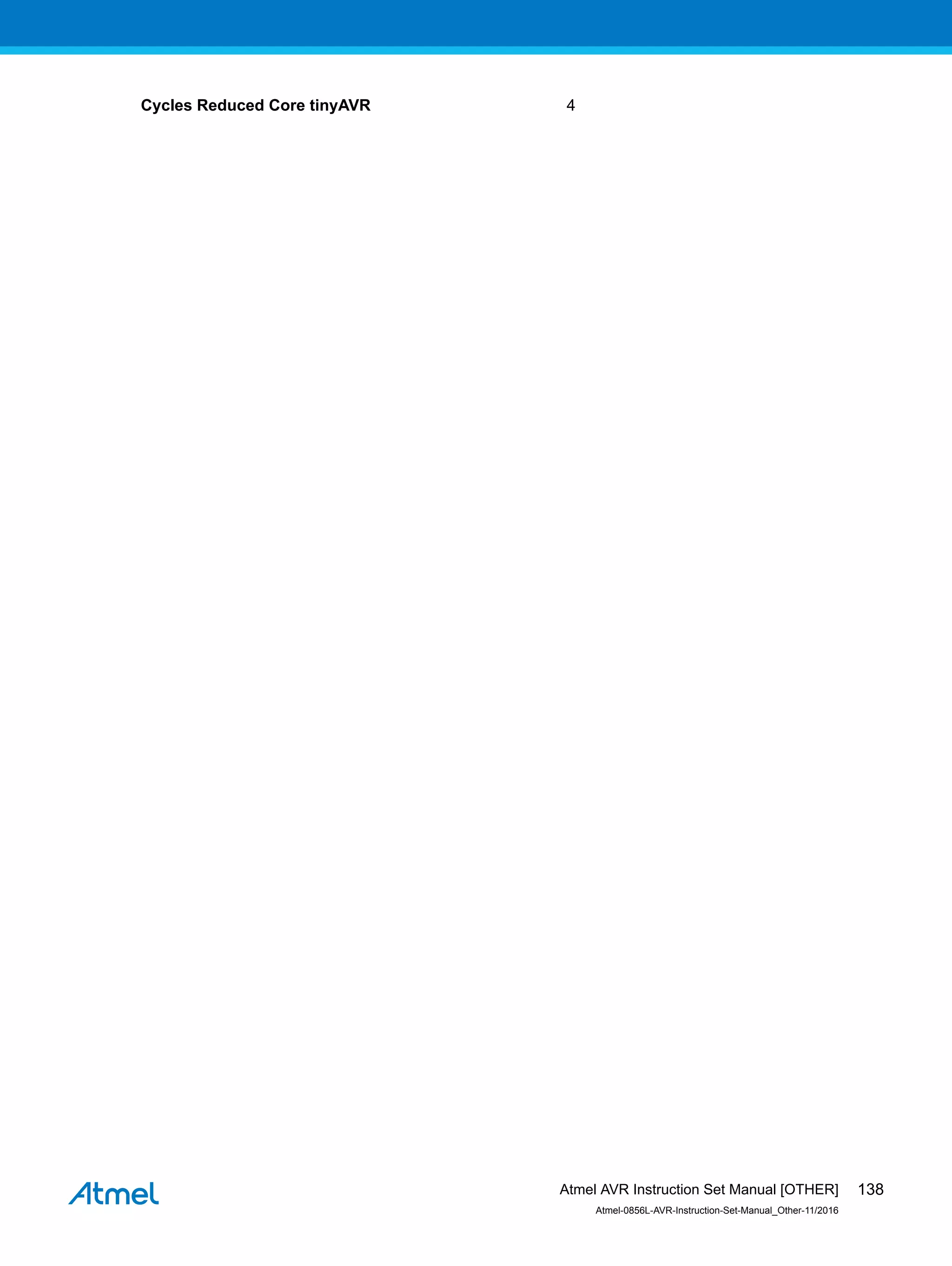 Cycles Reduced Core tinyAVR 4
Atmel AVR Instruction Set Manual [OTHER]
Atmel-0856L-AVR-Instruction-Set-Manual_Other-11/2016
138
 