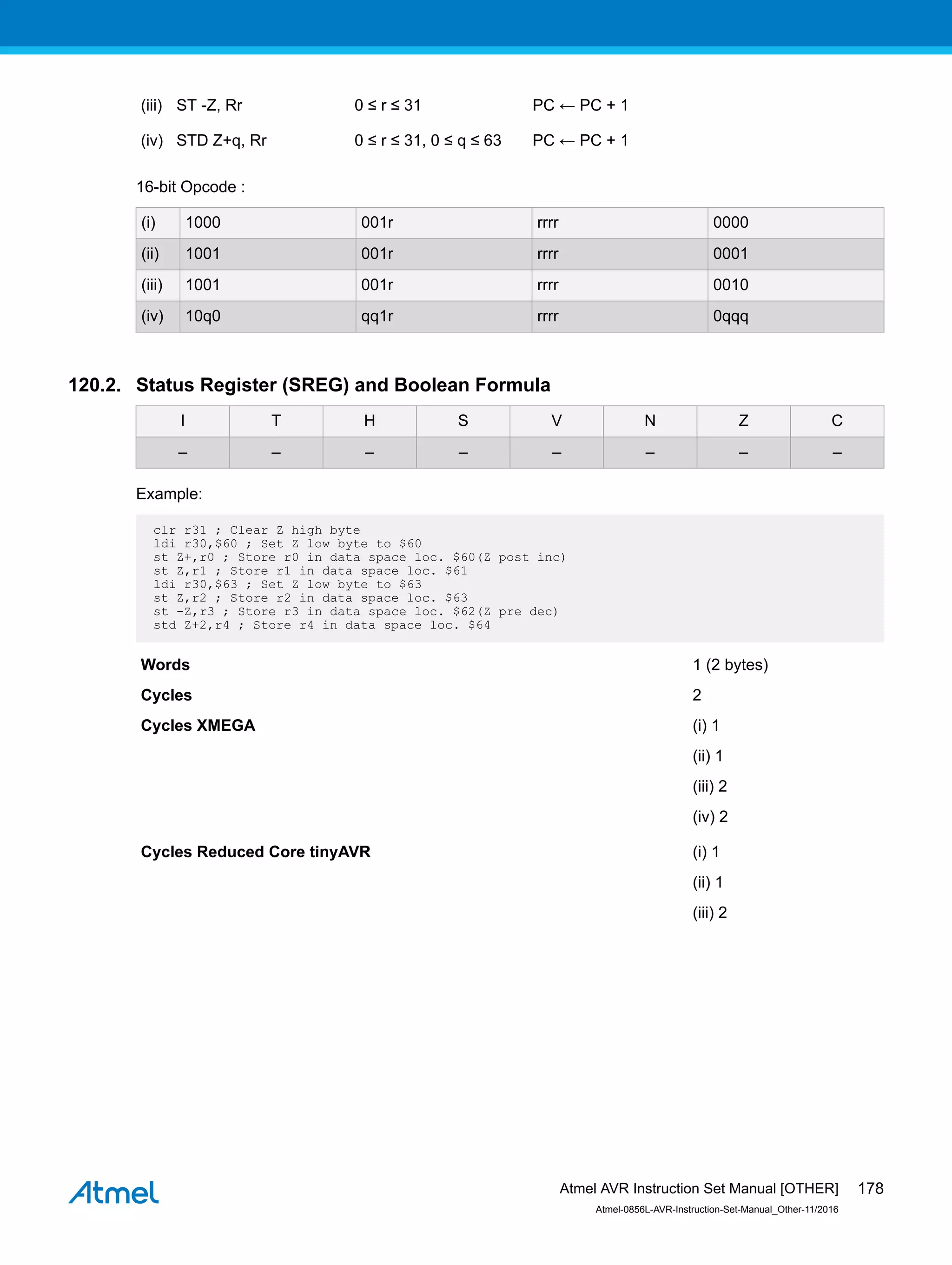 (iii) ST -Z, Rr 0 ≤ r ≤ 31 PC ← PC + 1
(iv) STD Z+q, Rr 0 ≤ r ≤ 31, 0 ≤ q ≤ 63 PC ← PC + 1
16-bit Opcode :
(i) 1000 001r rrrr 0000
(ii) 1001 001r rrrr 0001
(iii) 1001 001r rrrr 0010
(iv) 10q0 qq1r rrrr 0qqq
120.2. Status Register (SREG) and Boolean Formula
I T H S V N Z C
– – – – – – – –
Example:
clr r31 ; Clear Z high byte
ldi r30,$60 ; Set Z low byte to $60
st Z+,r0 ; Store r0 in data space loc. $60(Z post inc)
st Z,r1 ; Store r1 in data space loc. $61
ldi r30,$63 ; Set Z low byte to $63
st Z,r2 ; Store r2 in data space loc. $63
st -Z,r3 ; Store r3 in data space loc. $62(Z pre dec)
std Z+2,r4 ; Store r4 in data space loc. $64
Words 1 (2 bytes)
Cycles 2
Cycles XMEGA (i) 1
(ii) 1
(iii) 2
(iv) 2
Cycles Reduced Core tinyAVR (i) 1
(ii) 1
(iii) 2
Atmel AVR Instruction Set Manual [OTHER]
Atmel-0856L-AVR-Instruction-Set-Manual_Other-11/2016
178
 