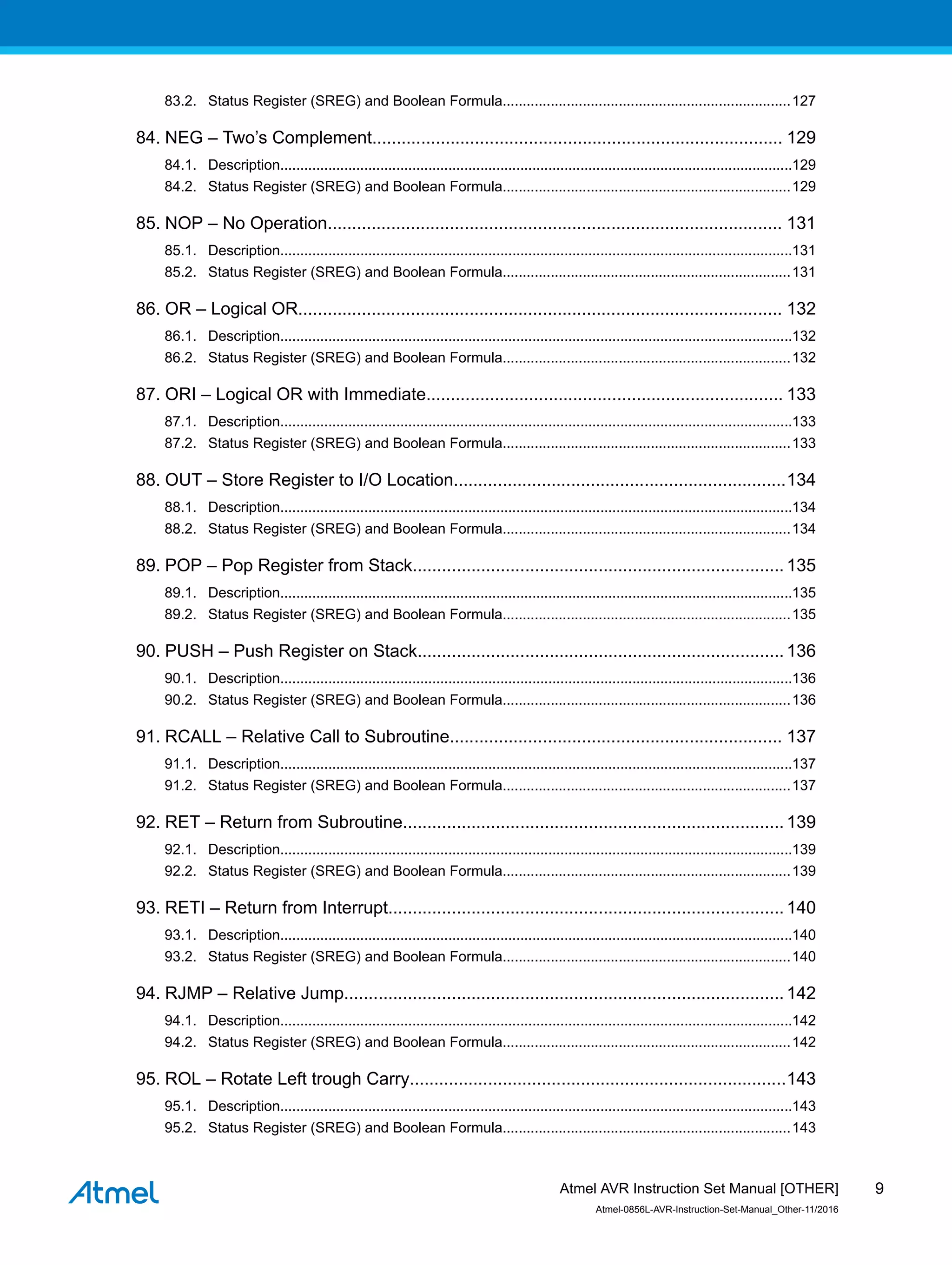 83.2. Status Register (SREG) and Boolean Formula........................................................................127
84. NEG – Two’s Complement.................................................................................... 129
84.1. Description................................................................................................................................129
84.2. Status Register (SREG) and Boolean Formula........................................................................129
85. NOP – No Operation............................................................................................. 131
85.1. Description................................................................................................................................131
85.2. Status Register (SREG) and Boolean Formula........................................................................131
86. OR – Logical OR................................................................................................... 132
86.1. Description................................................................................................................................132
86.2. Status Register (SREG) and Boolean Formula........................................................................132
87. ORI – Logical OR with Immediate......................................................................... 133
87.1. Description................................................................................................................................133
87.2. Status Register (SREG) and Boolean Formula........................................................................133
88. OUT – Store Register to I/O Location....................................................................134
88.1. Description................................................................................................................................134
88.2. Status Register (SREG) and Boolean Formula........................................................................134
89. POP – Pop Register from Stack............................................................................135
89.1. Description................................................................................................................................135
89.2. Status Register (SREG) and Boolean Formula........................................................................135
90. PUSH – Push Register on Stack...........................................................................136
90.1. Description................................................................................................................................136
90.2. Status Register (SREG) and Boolean Formula........................................................................136
91. RCALL – Relative Call to Subroutine.................................................................... 137
91.1. Description................................................................................................................................137
91.2. Status Register (SREG) and Boolean Formula........................................................................137
92. RET – Return from Subroutine..............................................................................139
92.1. Description................................................................................................................................139
92.2. Status Register (SREG) and Boolean Formula........................................................................139
93. RETI – Return from Interrupt.................................................................................140
93.1. Description................................................................................................................................140
93.2. Status Register (SREG) and Boolean Formula........................................................................140
94. RJMP – Relative Jump..........................................................................................142
94.1. Description................................................................................................................................142
94.2. Status Register (SREG) and Boolean Formula........................................................................142
95. ROL – Rotate Left trough Carry.............................................................................143
95.1. Description................................................................................................................................143
95.2. Status Register (SREG) and Boolean Formula........................................................................143
Atmel AVR Instruction Set Manual [OTHER]
Atmel-0856L-AVR-Instruction-Set-Manual_Other-11/2016
9
 