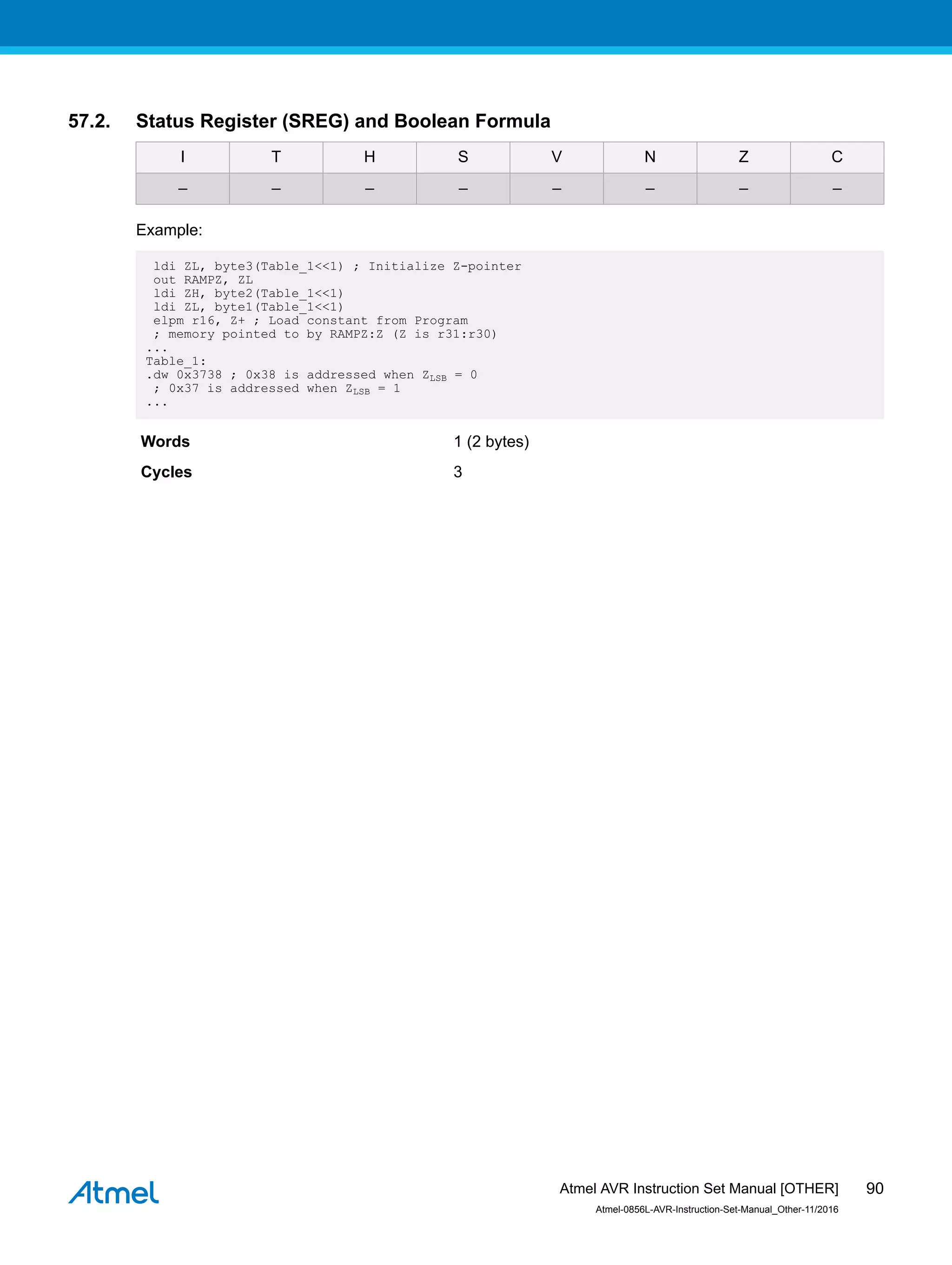 57.2. Status Register (SREG) and Boolean Formula
I T H S V N Z C
– – – – – – – –
Example:
ldi ZL, byte3(Table_1<<1) ; Initialize Z-pointer
out RAMPZ, ZL
ldi ZH, byte2(Table_1<<1)
ldi ZL, byte1(Table_1<<1)
elpm r16, Z+ ; Load constant from Program
; memory pointed to by RAMPZ:Z (Z is r31:r30)
...
Table_1:
.dw 0x3738 ; 0x38 is addressed when ZLSB = 0
; 0x37 is addressed when ZLSB = 1
...
Words 1 (2 bytes)
Cycles 3
Atmel AVR Instruction Set Manual [OTHER]
Atmel-0856L-AVR-Instruction-Set-Manual_Other-11/2016
90
 
